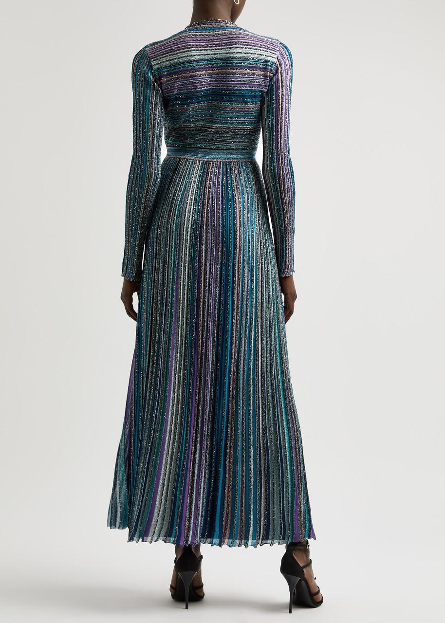 Striped embellished metallic-knit maxi dress 