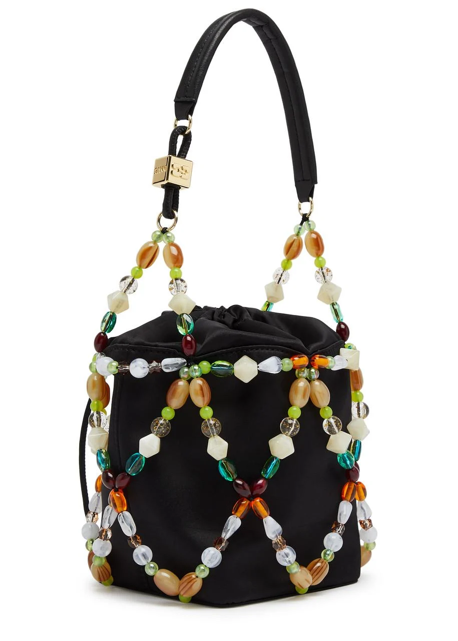 Bead-embellished satin bucket bag 