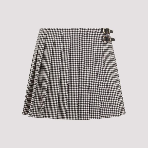 MIU MIU Elegant Brown Mini Skirt in 100% Wool with Leather Trim