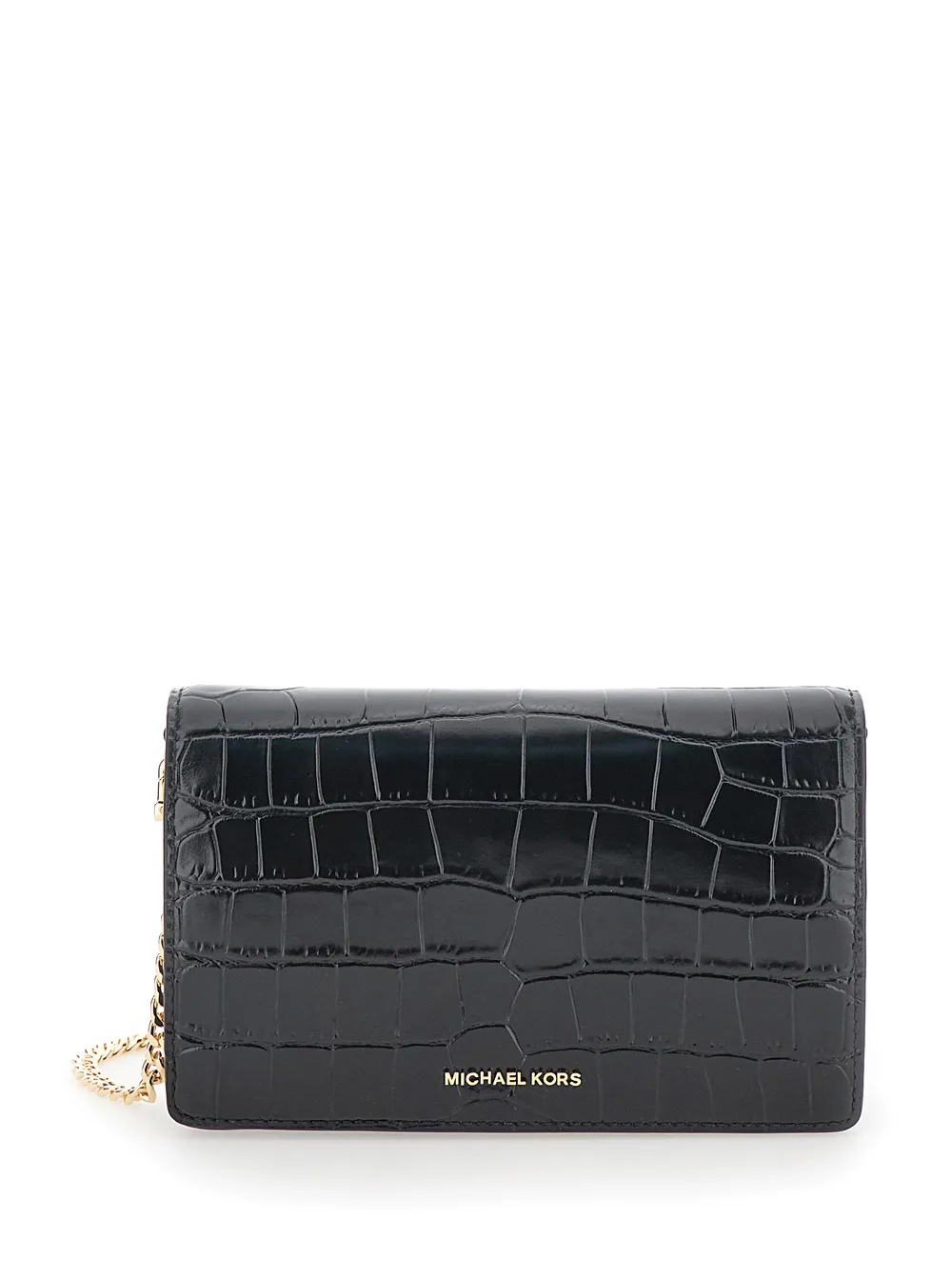 Black Shoulder Bag With Logo Lettering And Crocodile Pattern In Leather Woman