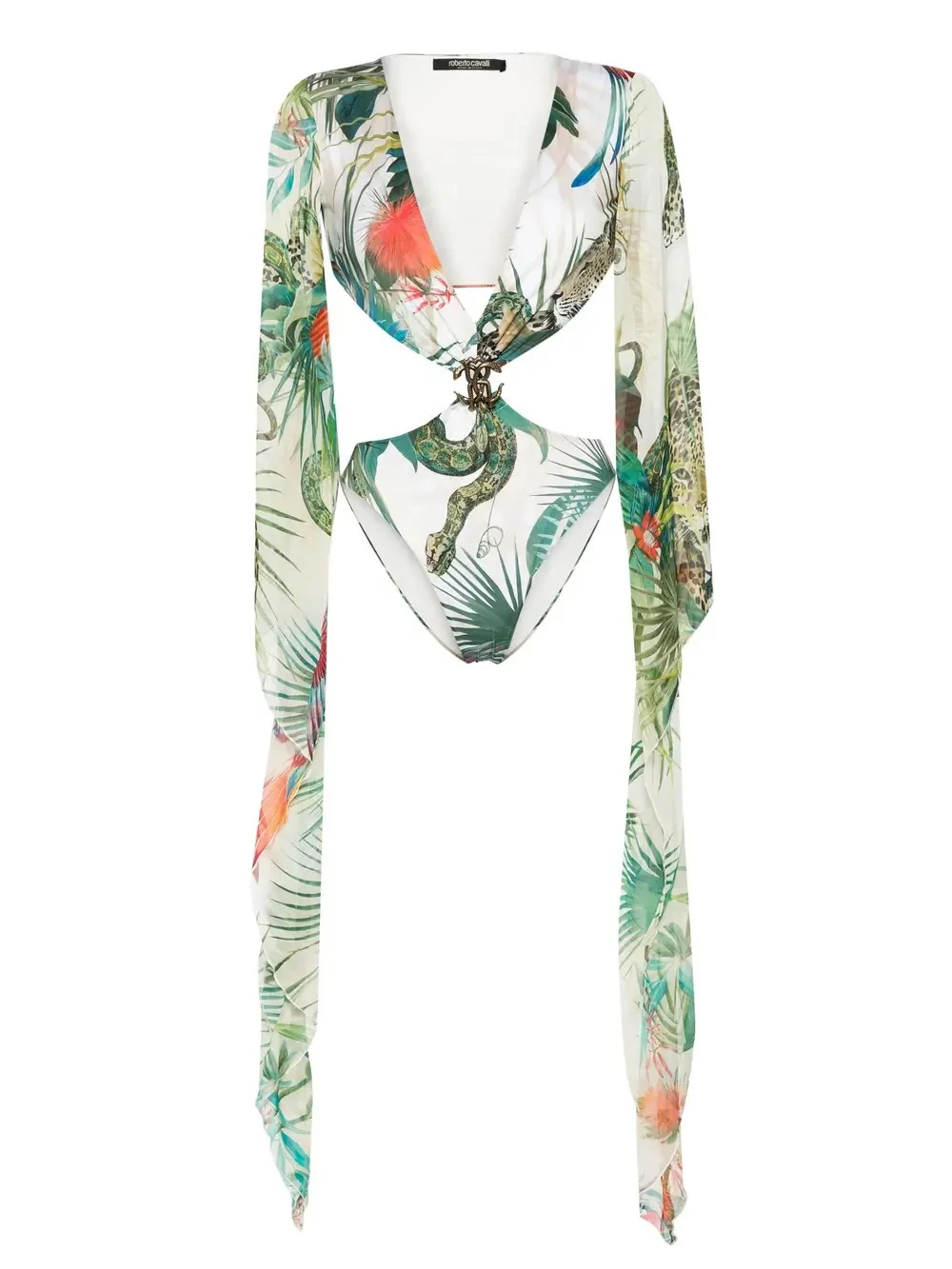 One-piece Swimwear With Sleeves And Jungle Print