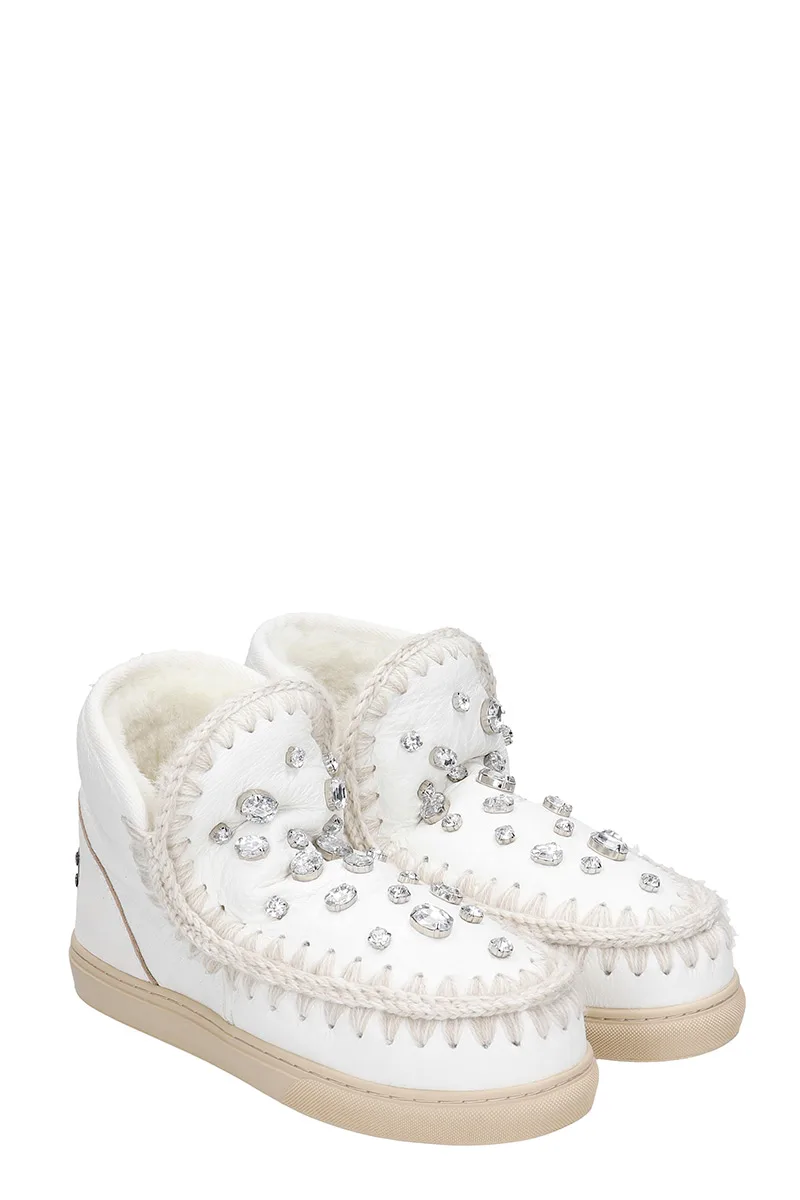 Mou Eskimo Sneaker Low Heels Ankle Boots In White Leather