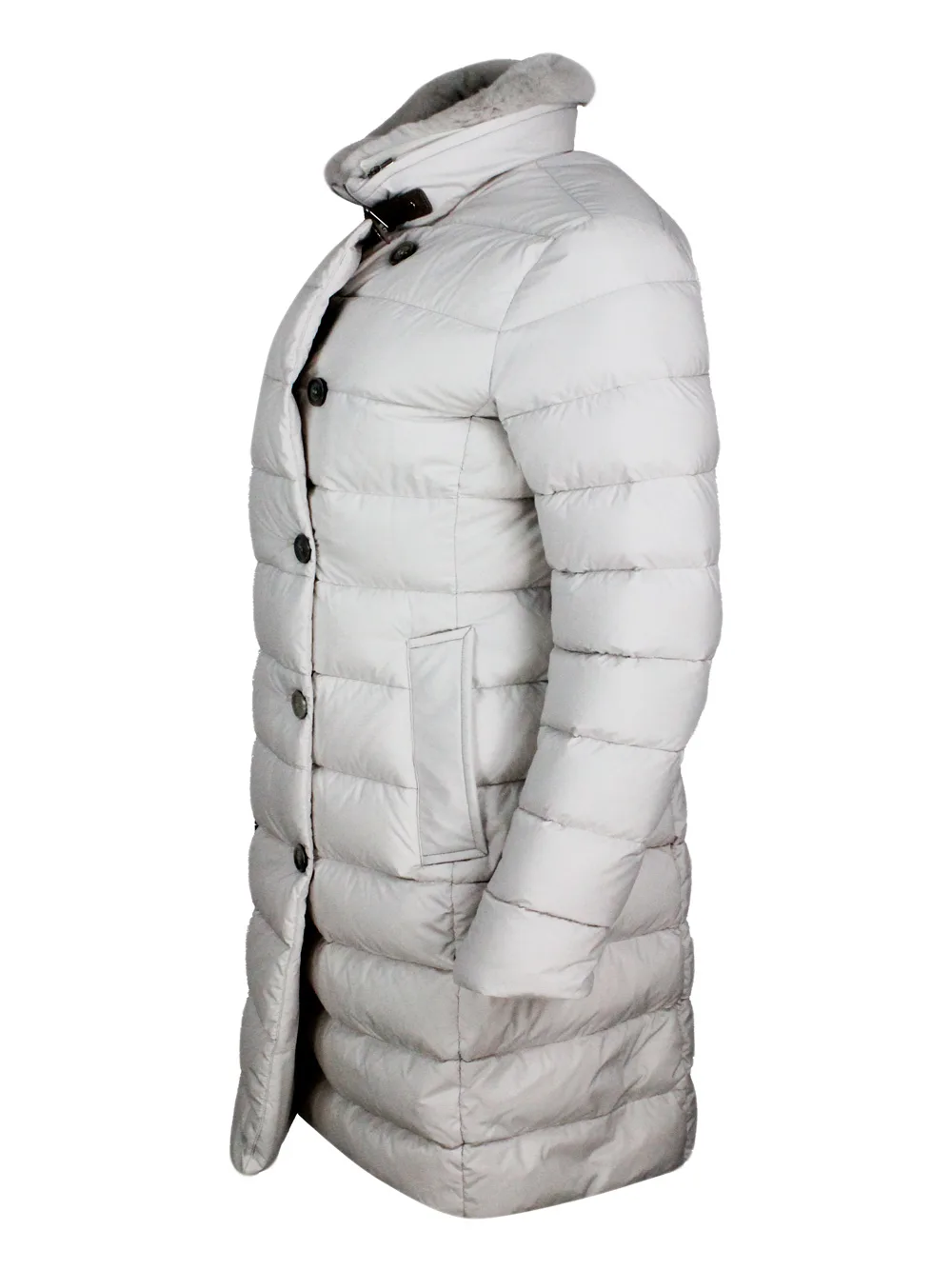 Long Double-breasted Down Jacket With A Feminine Line Padded With Real Goose Down With Detachable Fur Collar