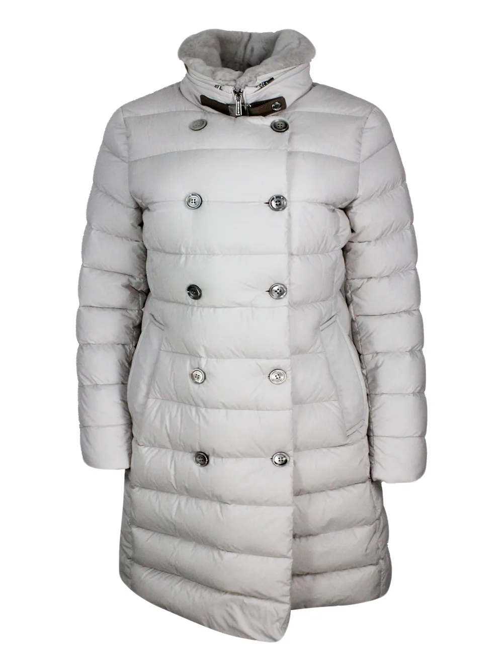 Long Double-breasted Down Jacket With A Feminine Line Padded With Real Goose Down With Detachable Fur Collar