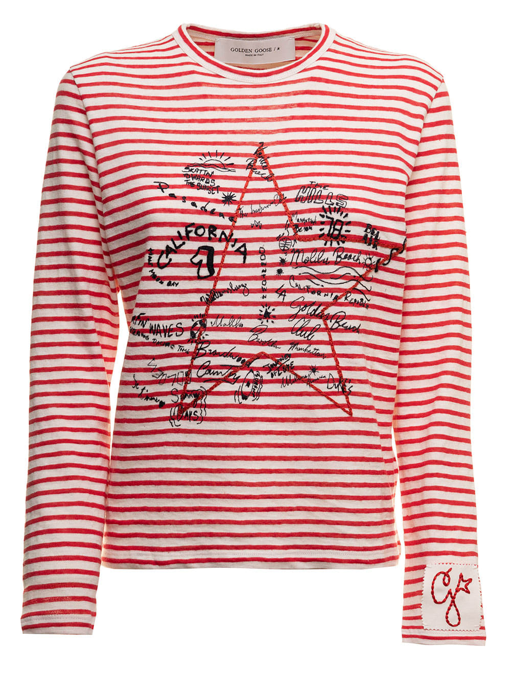 White And Red Striped Long Sleeved T-shirt With Print Golden Goose Woman