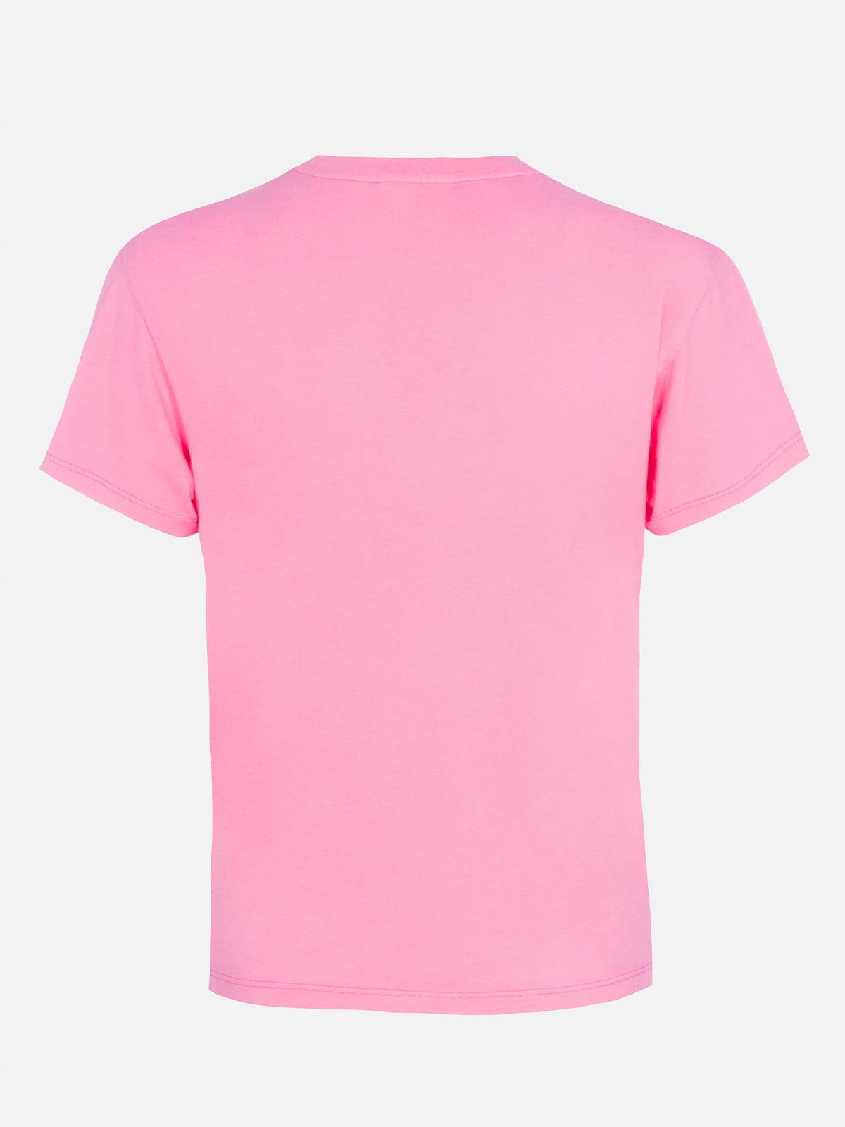 Woman Pink Cotton Jersey Crewneck T-shirt Emilie With Bollicine, Please Embroidery