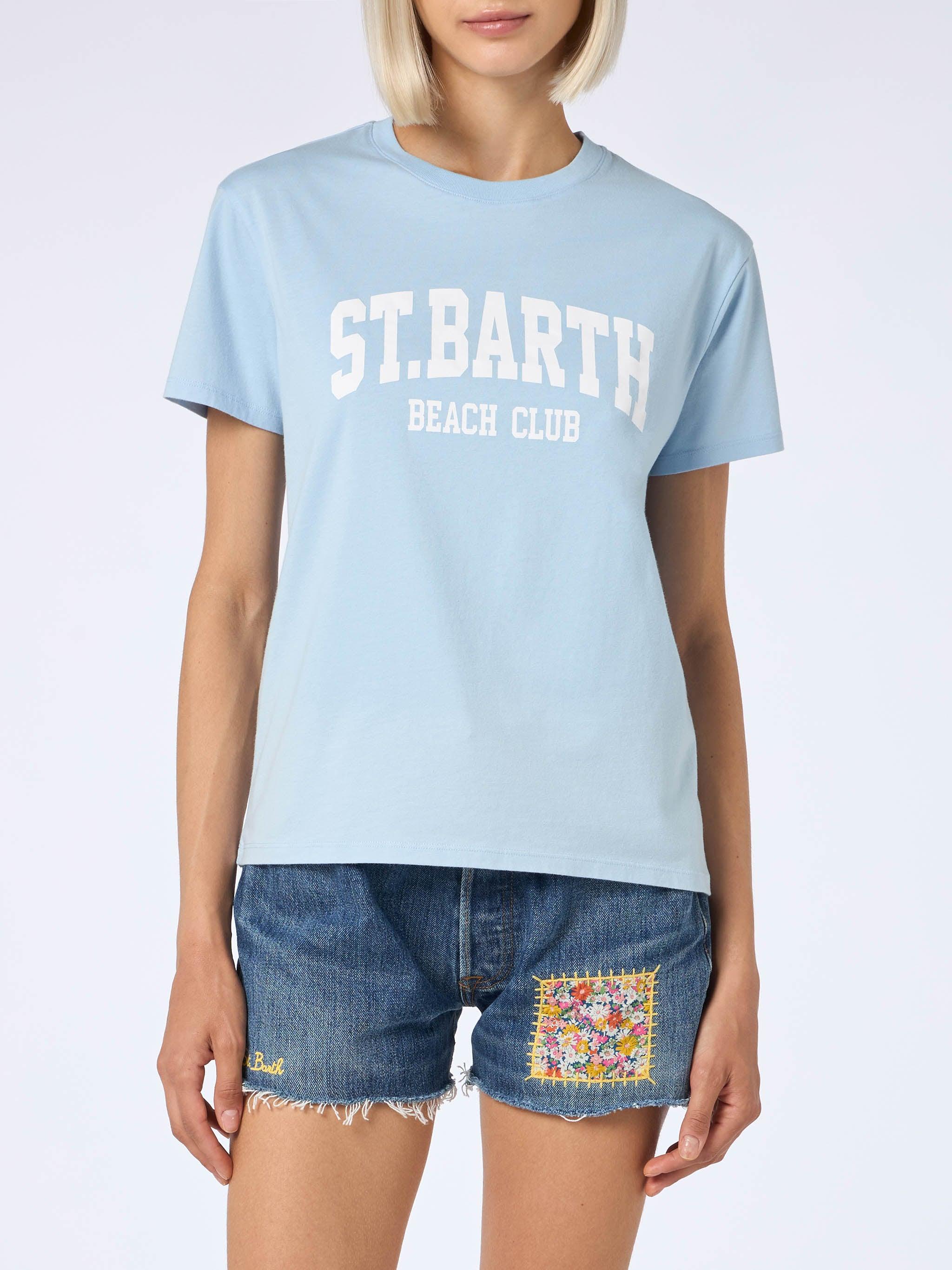 Woman Cotton Jersey Crewneck T-shirt Emilie With St Barth Beach Club Print