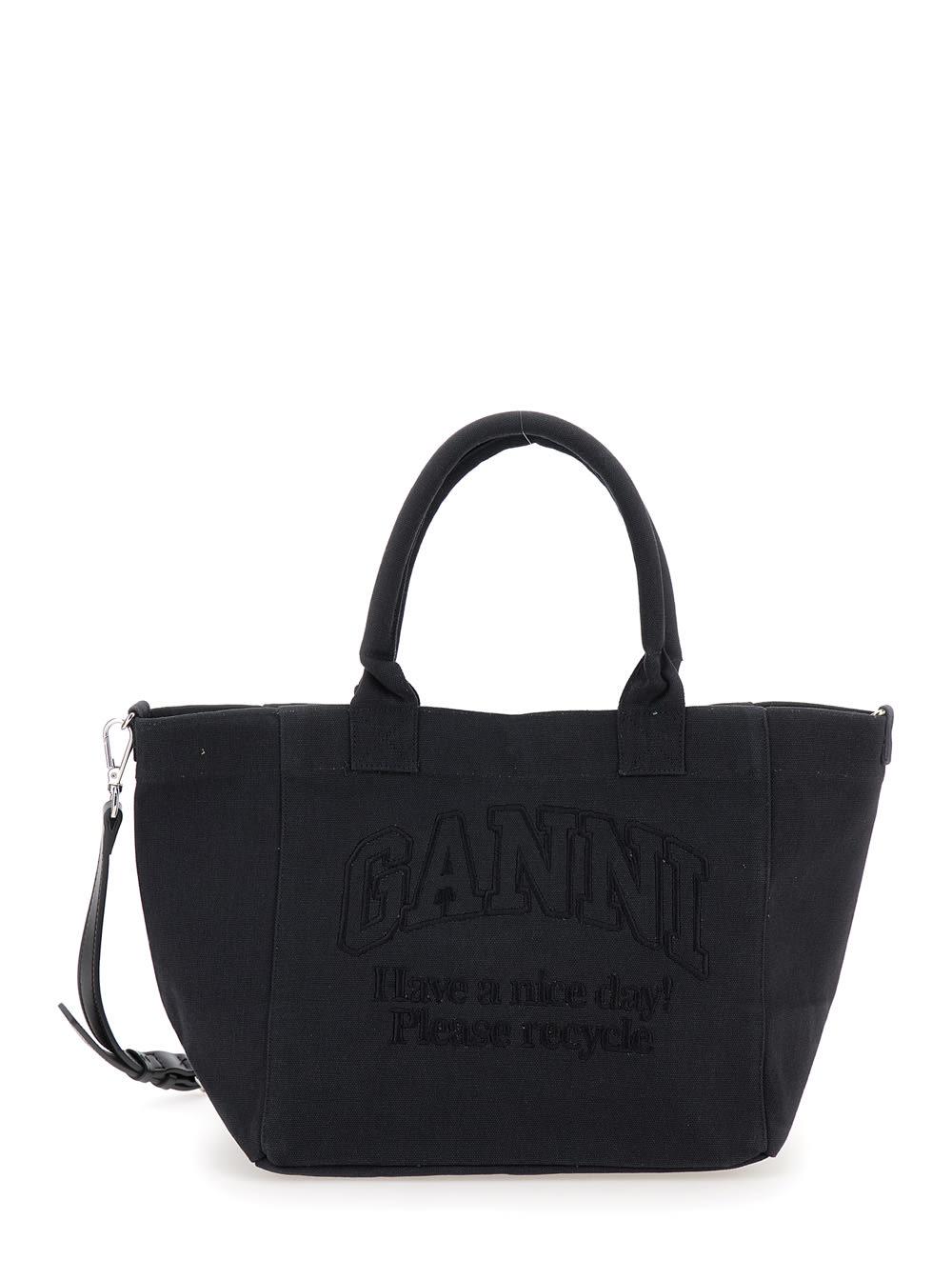 Black Tote Bag With Tonal Logo Lettering Embroidery In Cotton Woman