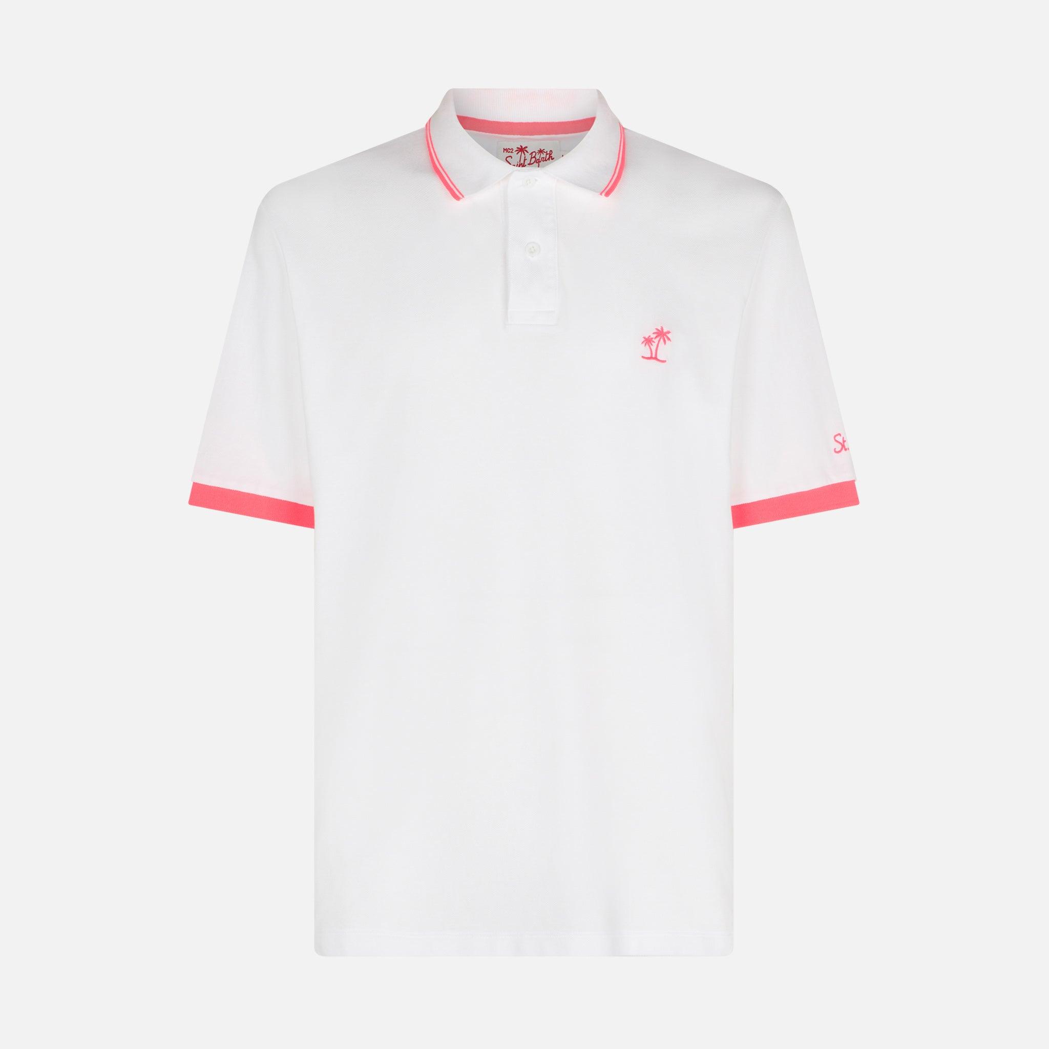 White Piquet Polo With Palm Embroidery