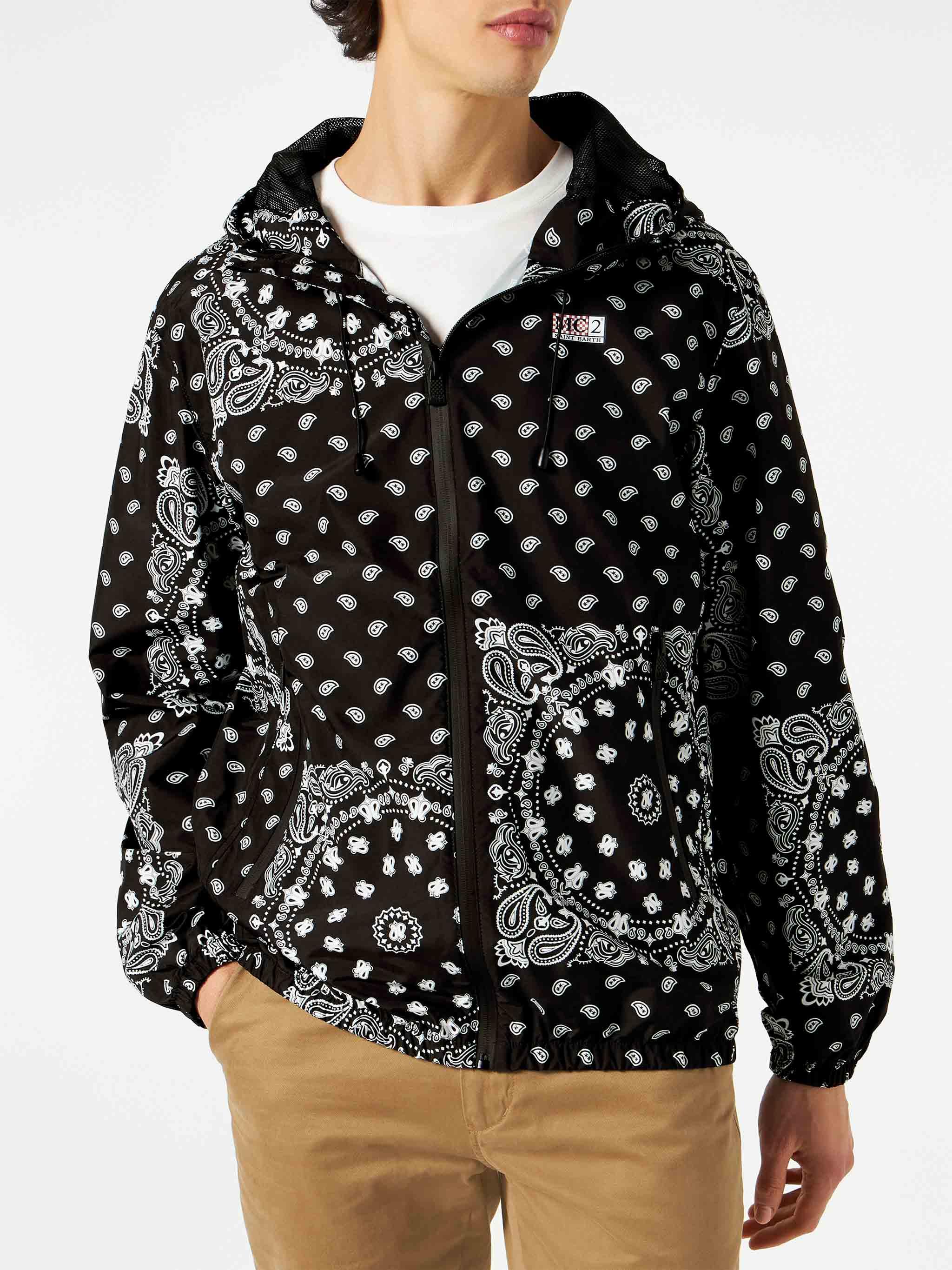 Man Hooded Lightweight Windbreaker With Bandanna Print