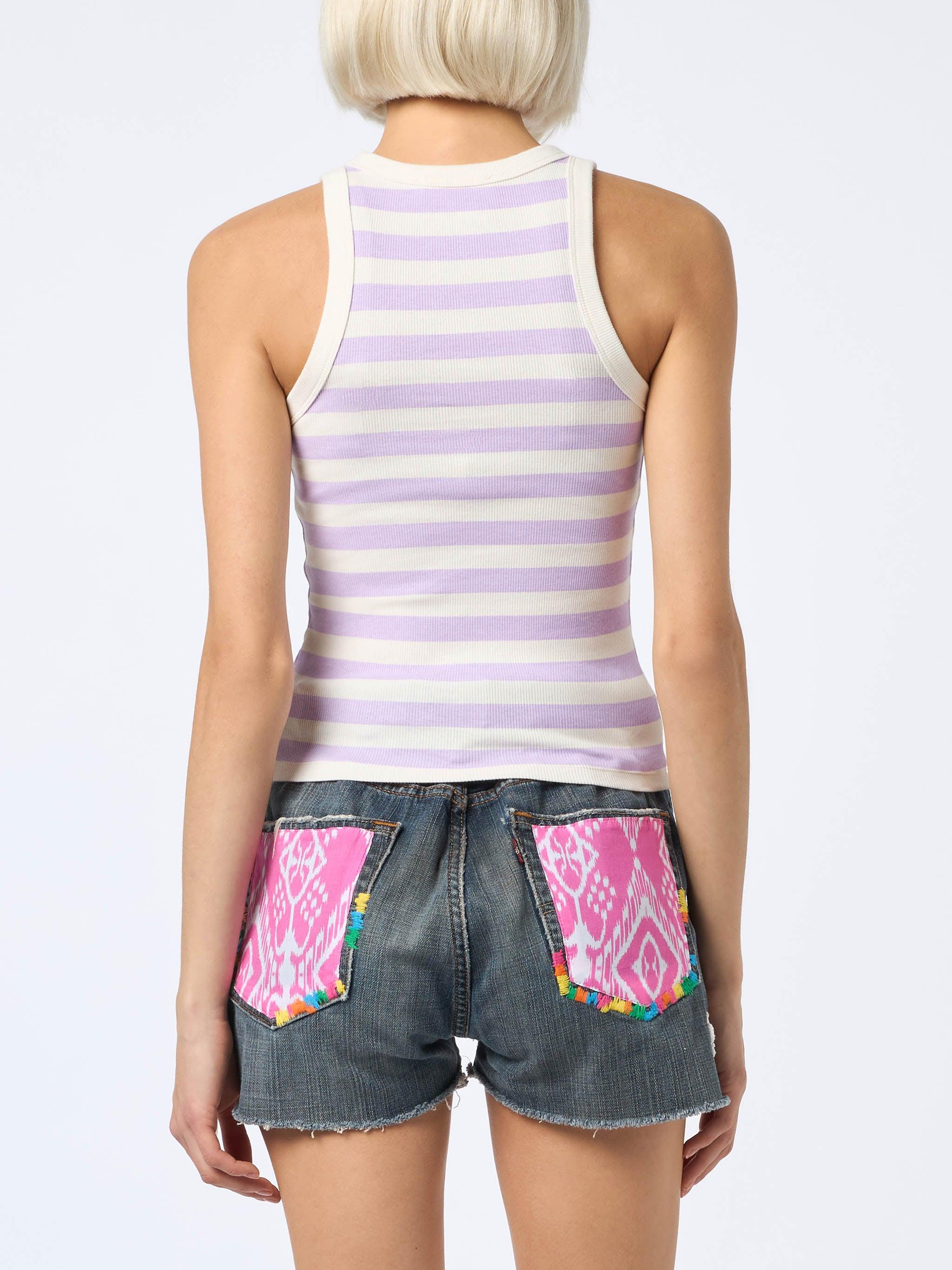 Woman Rib-knit Lilac And Off-white Striped Cotton Tank Top