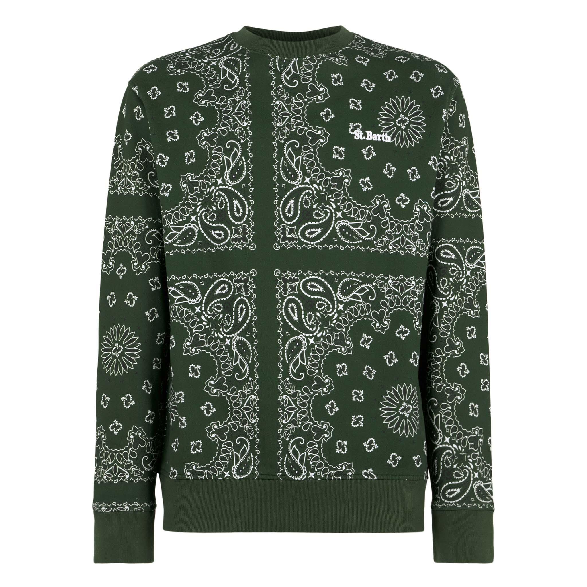 Man Crewneck Sweatshirt With Green Bandanna Print