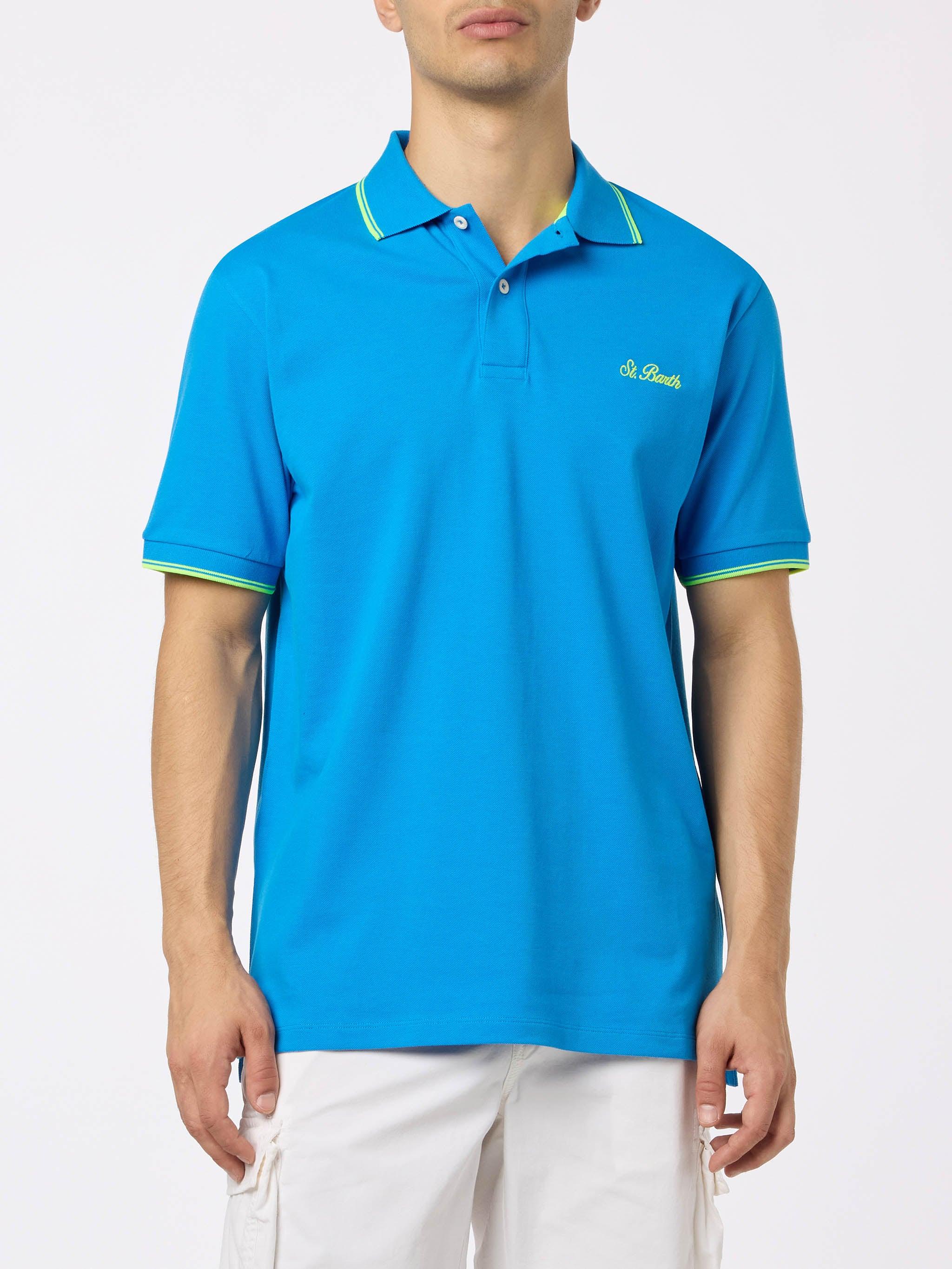 Man Bluette Cotton Piquet Polo Shirt Beverly Hills With Palm Embroidery