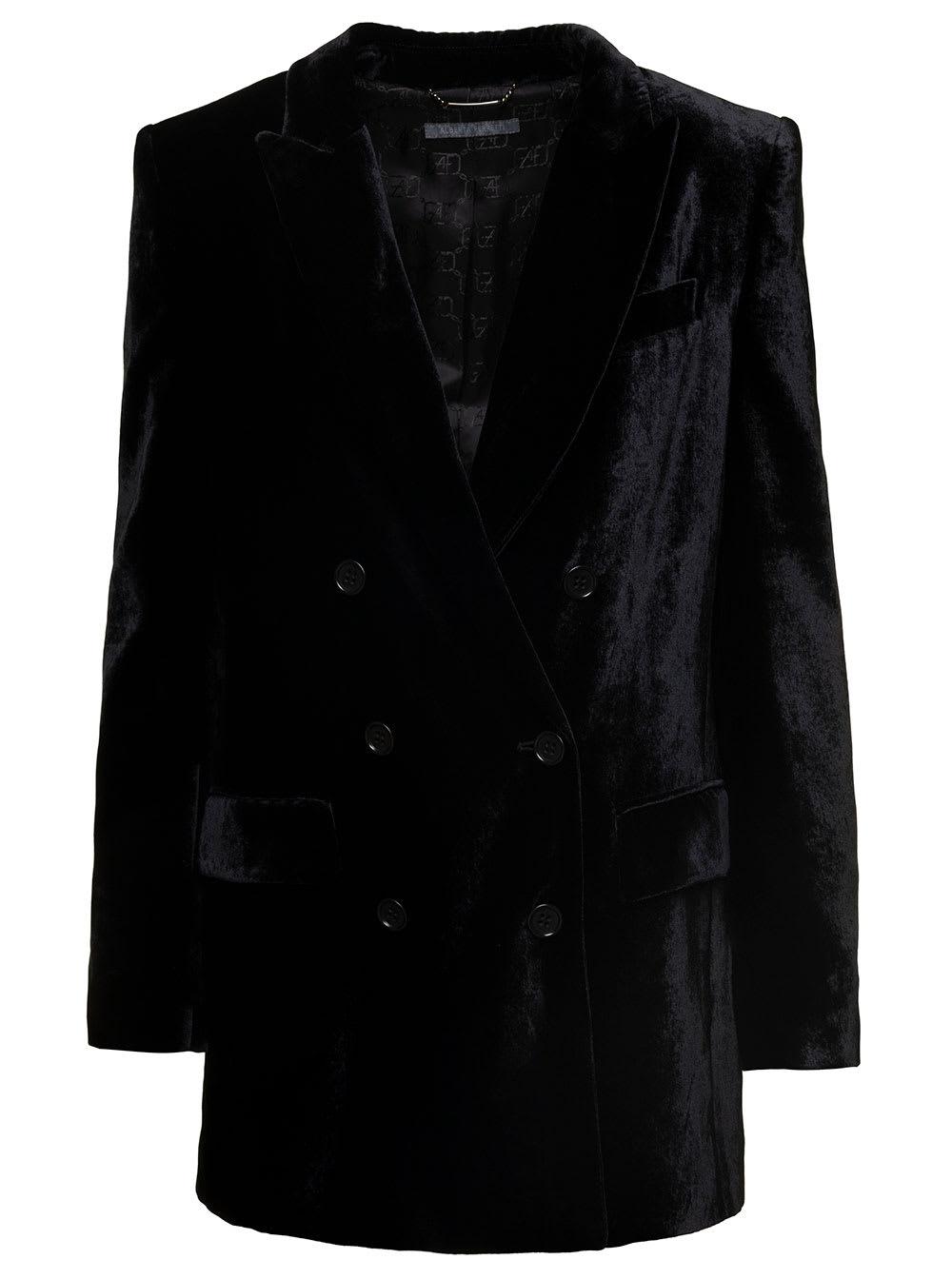 Black Double-breasted Jacket With Tonal Buttons In Velvet Woman Alberta Ferretti