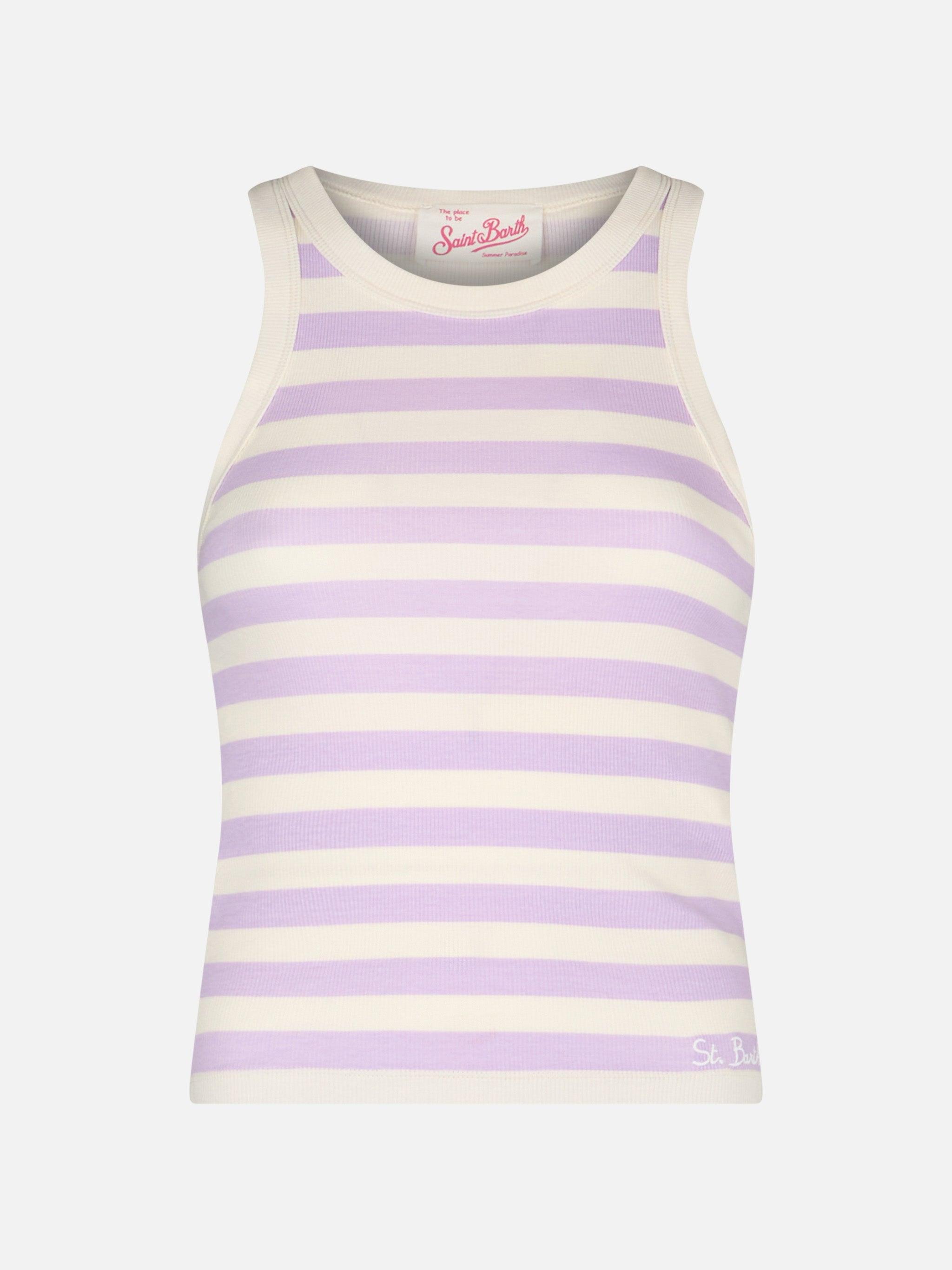 Woman Rib-knit Lilac And Off-white Striped Cotton Tank Top