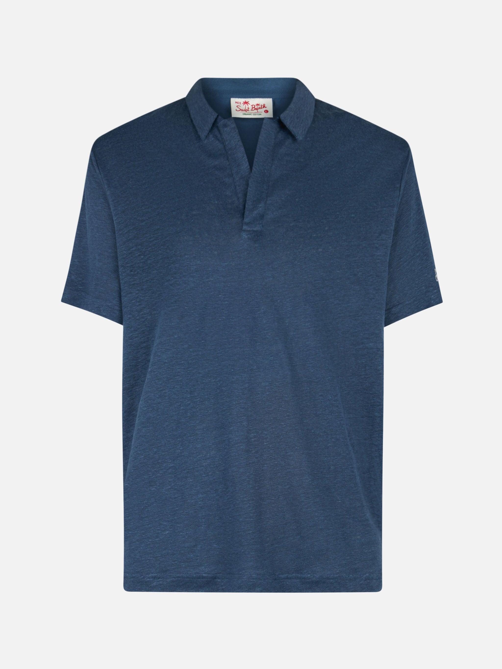 Man Navy Blue Linen Polo Shirt Fraser