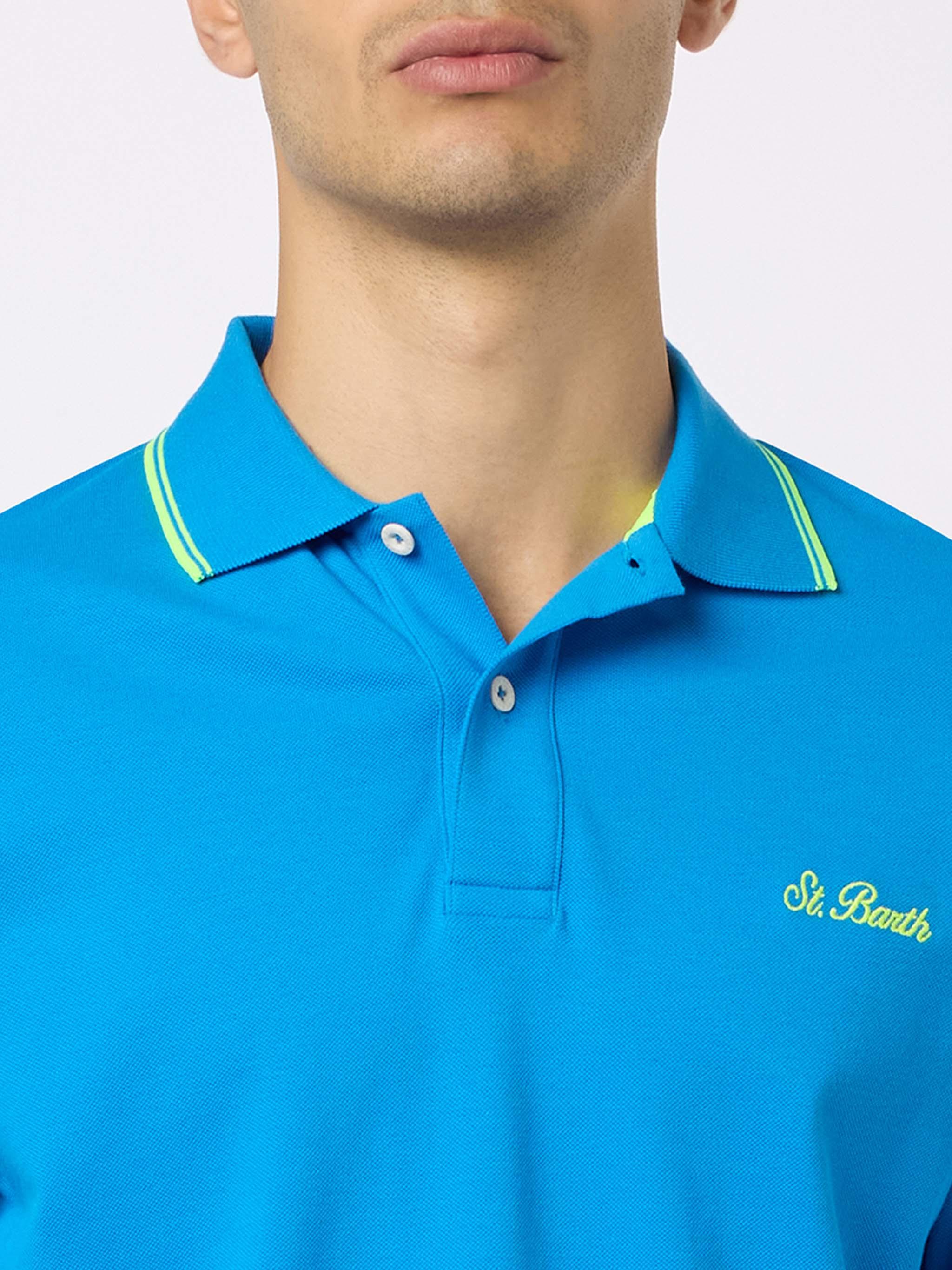 Man Bluette Cotton Piquet Polo Shirt Beverly Hills With Palm Embroidery