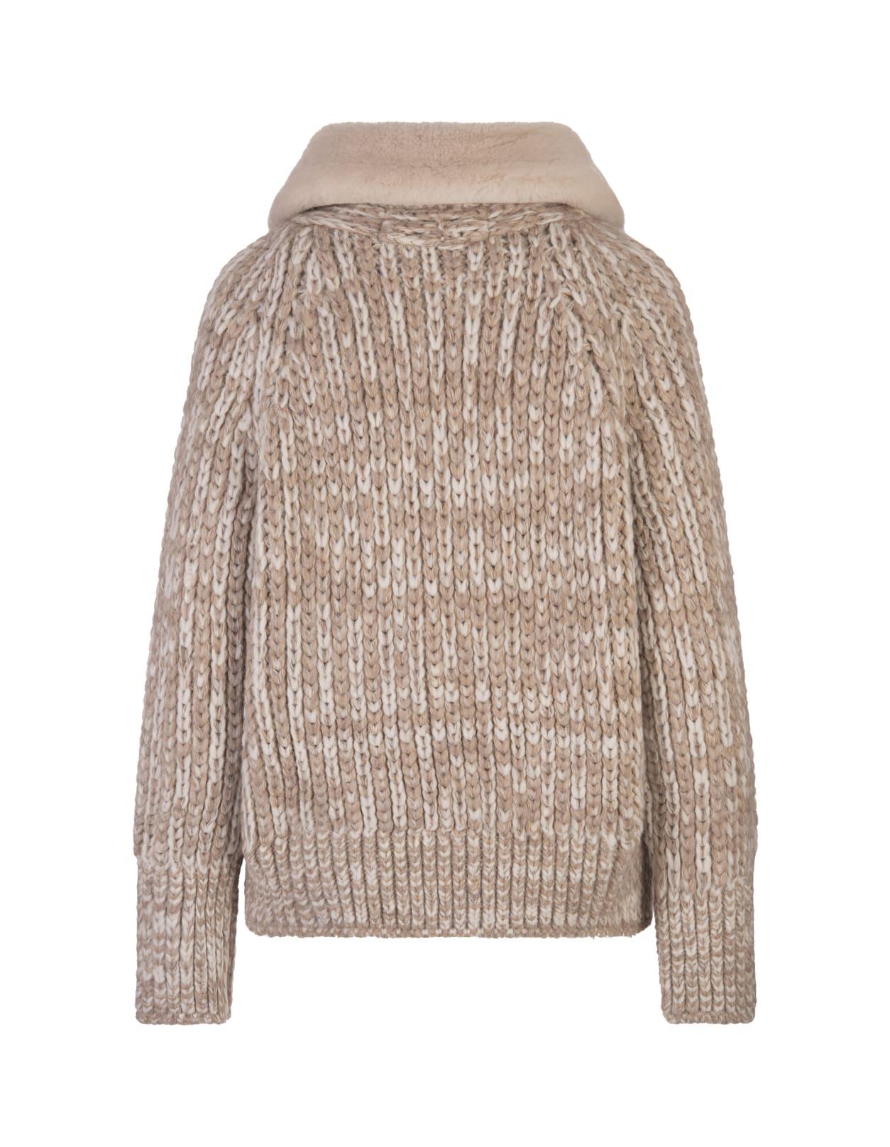 Beige Knitted Bomber Jacket With Shearling Collar