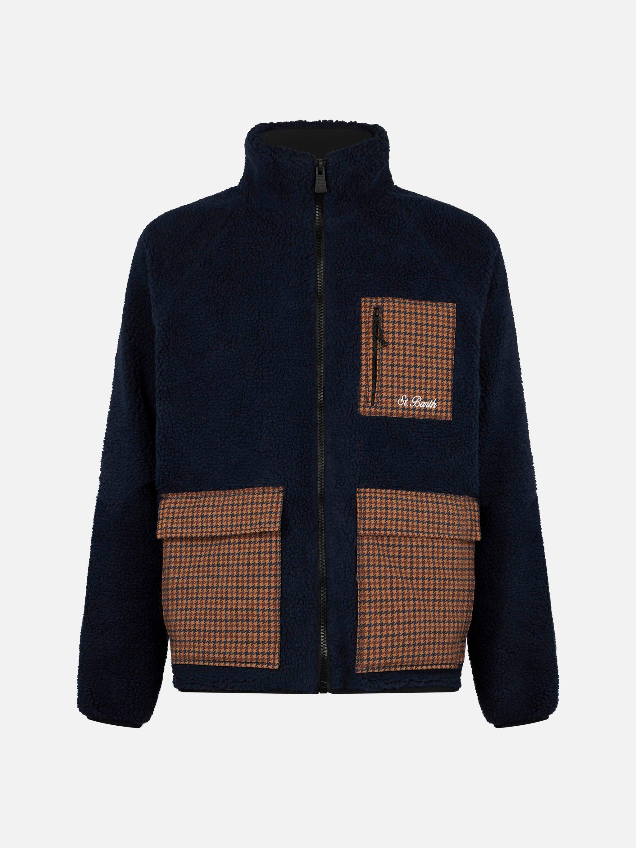 Man Blue Sherpa Jacket With Check Patch Pockets