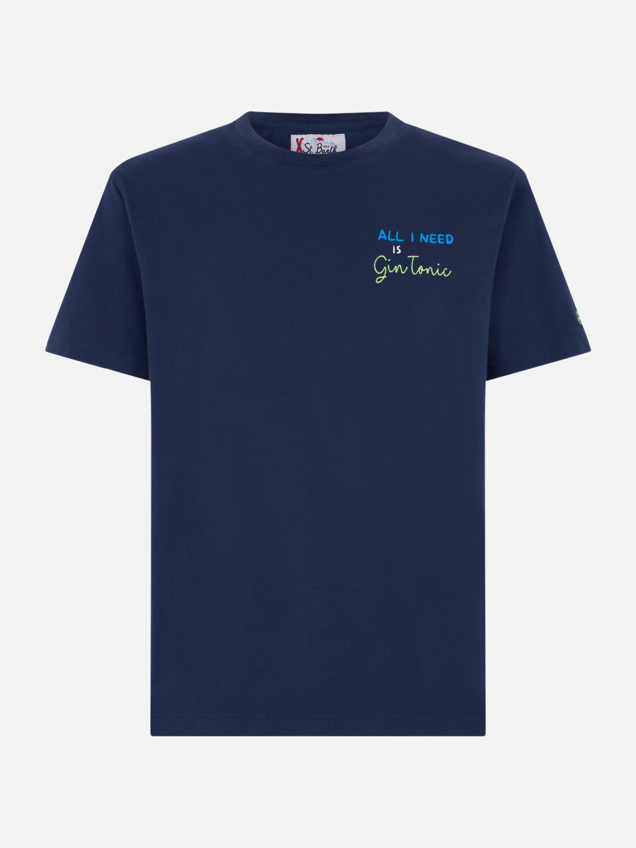 Man Heavy Cotton T-shirt With All I Need Is Gin Tonic Embroidery