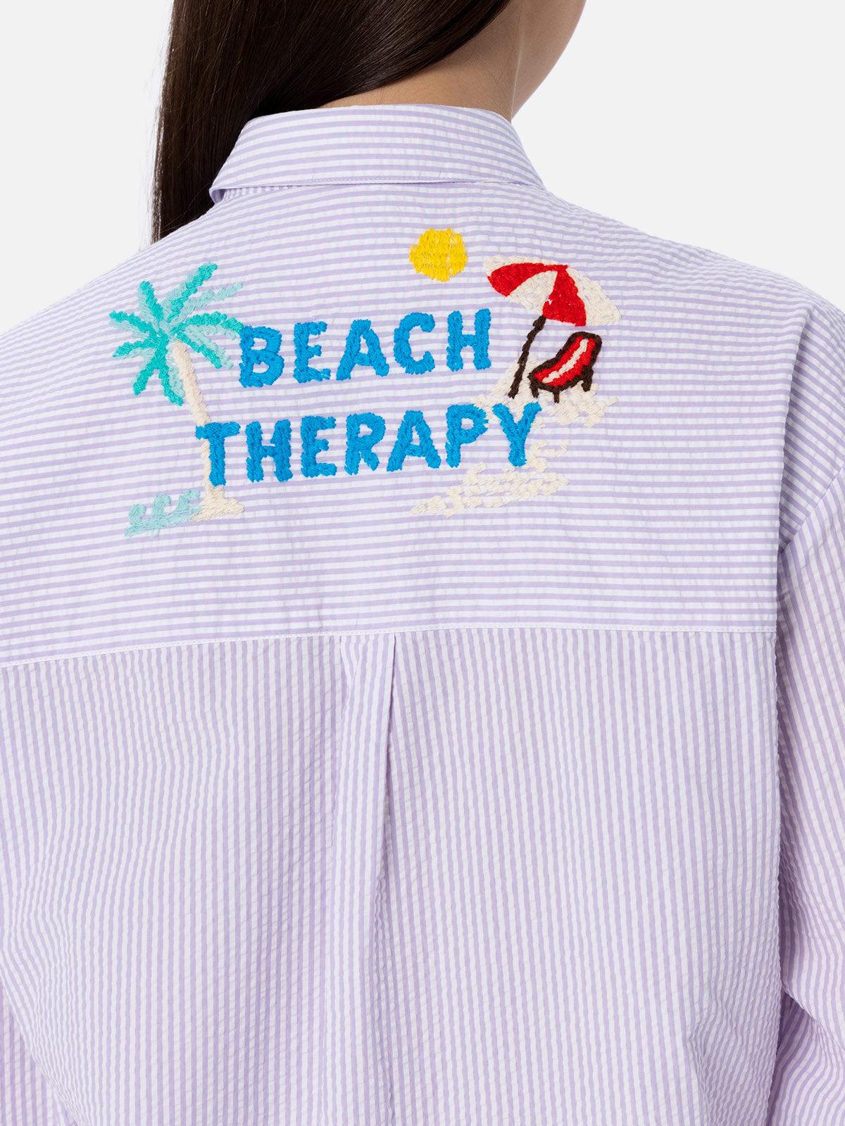 Woman Striped Print Cotton Over Shirt Brigitte With Front And Back Beach Therapy Embroidery