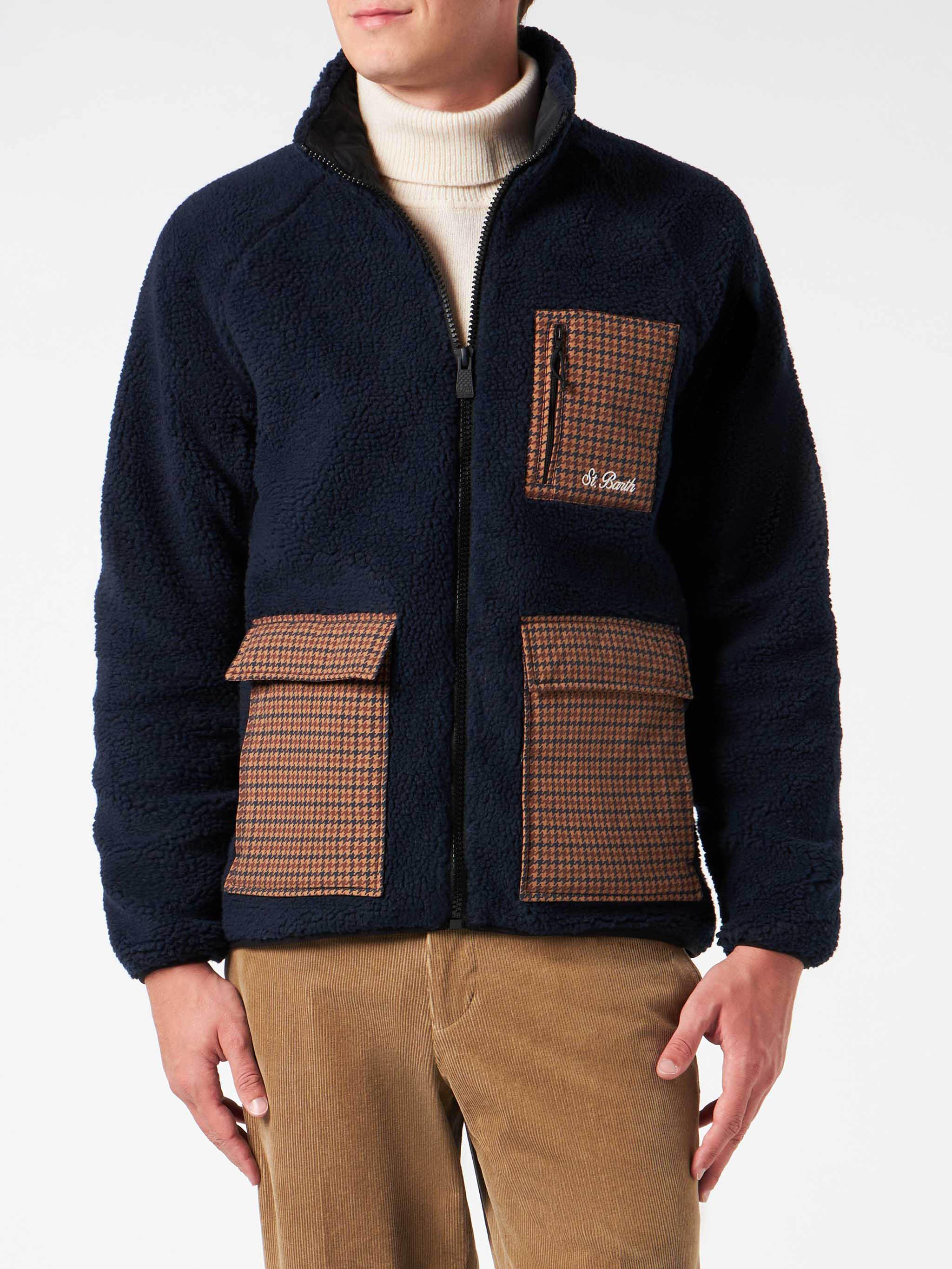 Man Blue Sherpa Jacket With Check Patch Pockets