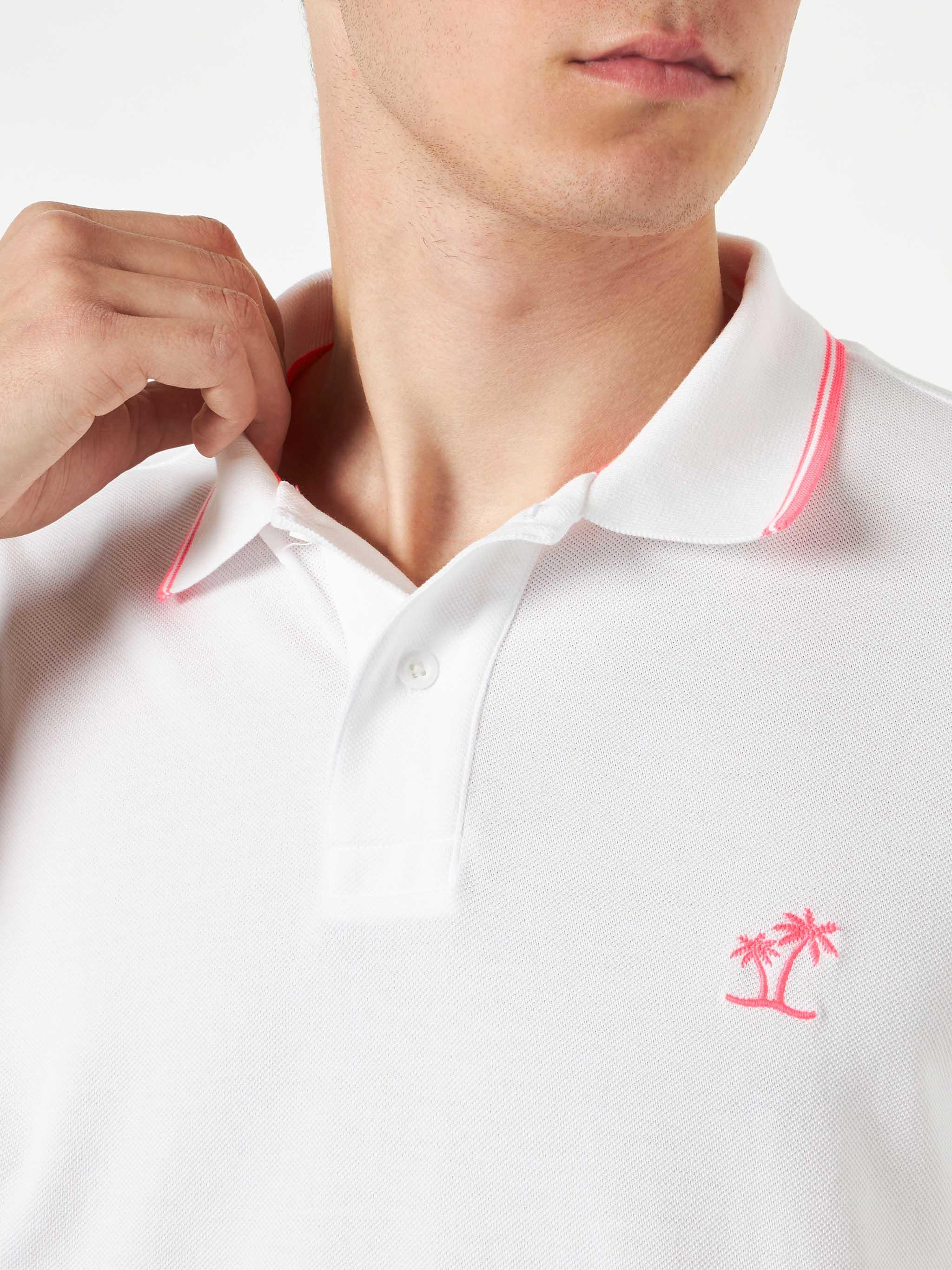 White Piquet Polo With Palm Embroidery