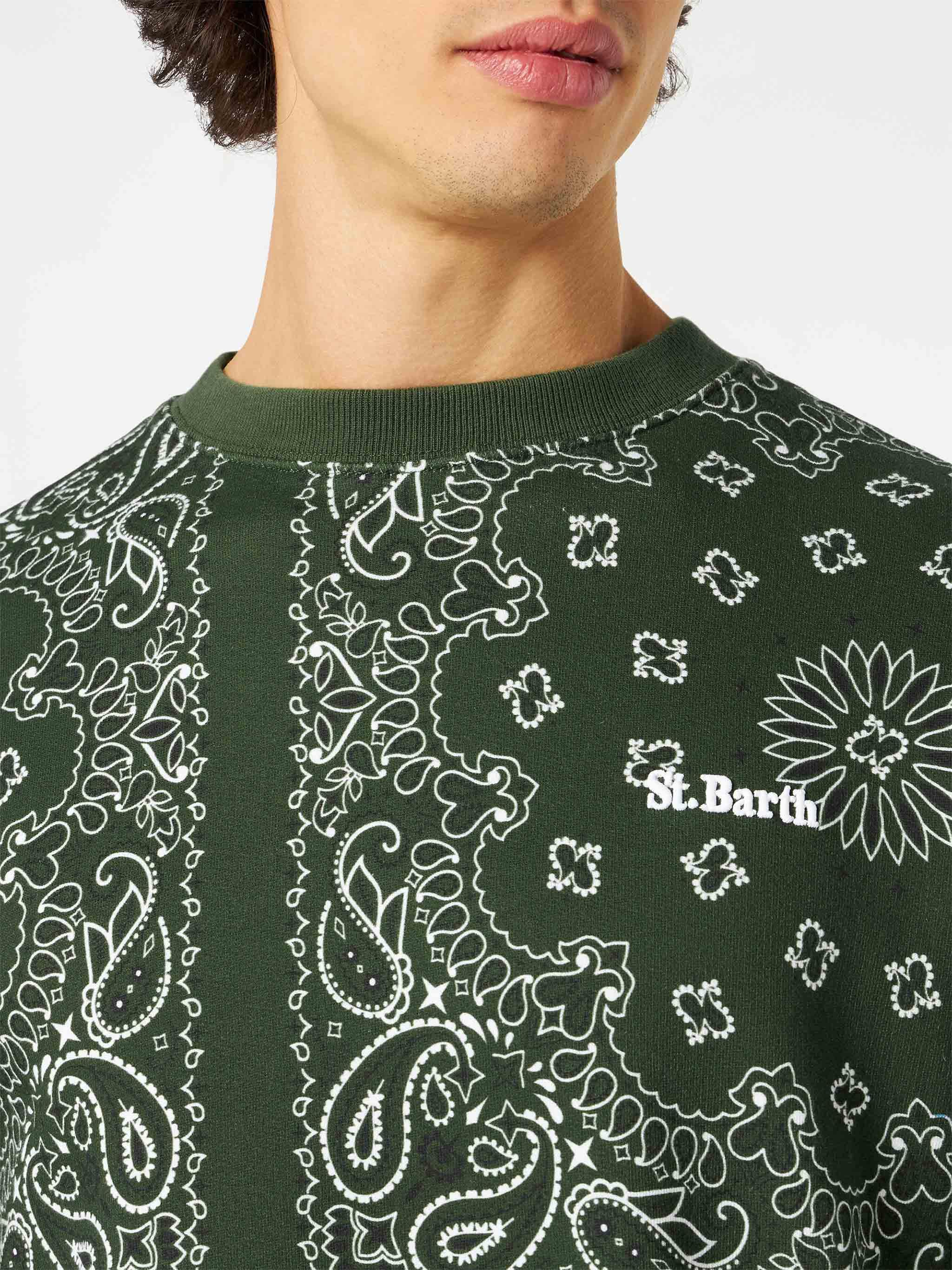 Man Crewneck Sweatshirt With Green Bandanna Print