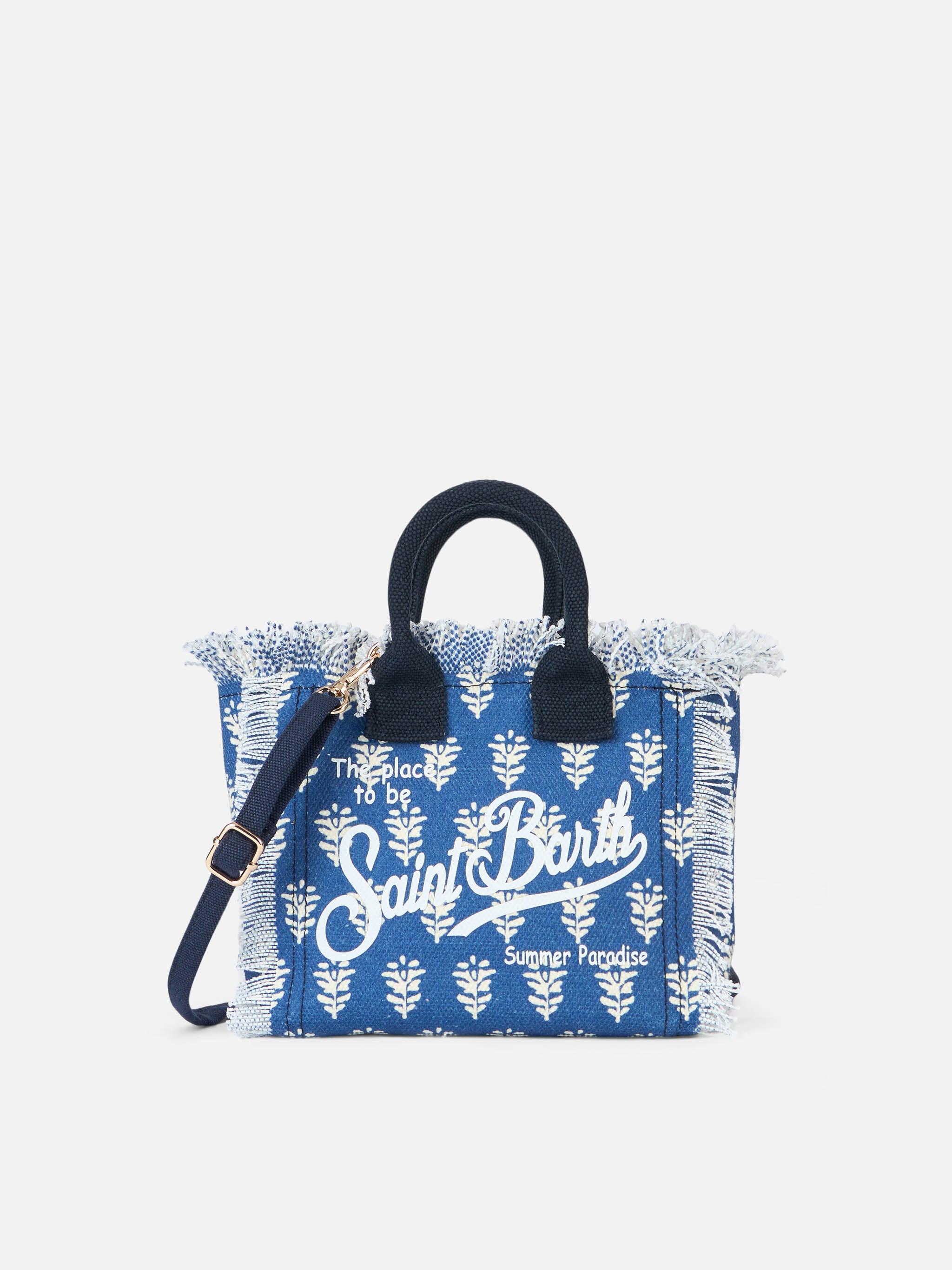 Cotton Canvas Mini Vanity Bag With Indigo Flower Print