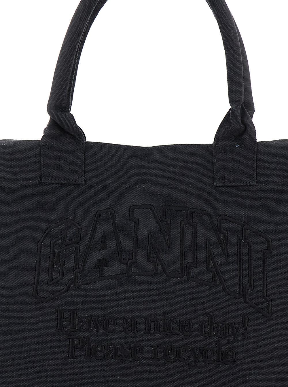 Black Tote Bag With Tonal Logo Lettering Embroidery In Cotton Woman