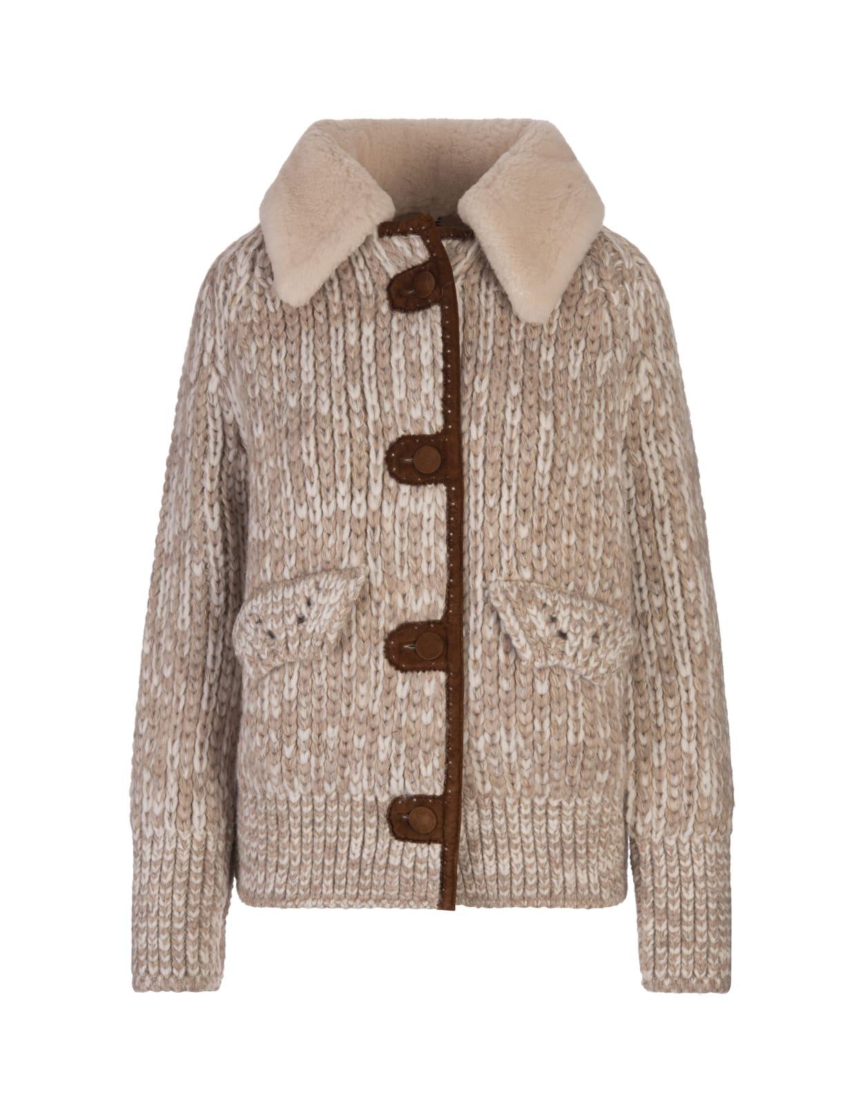 Beige Knitted Bomber Jacket With Shearling Collar