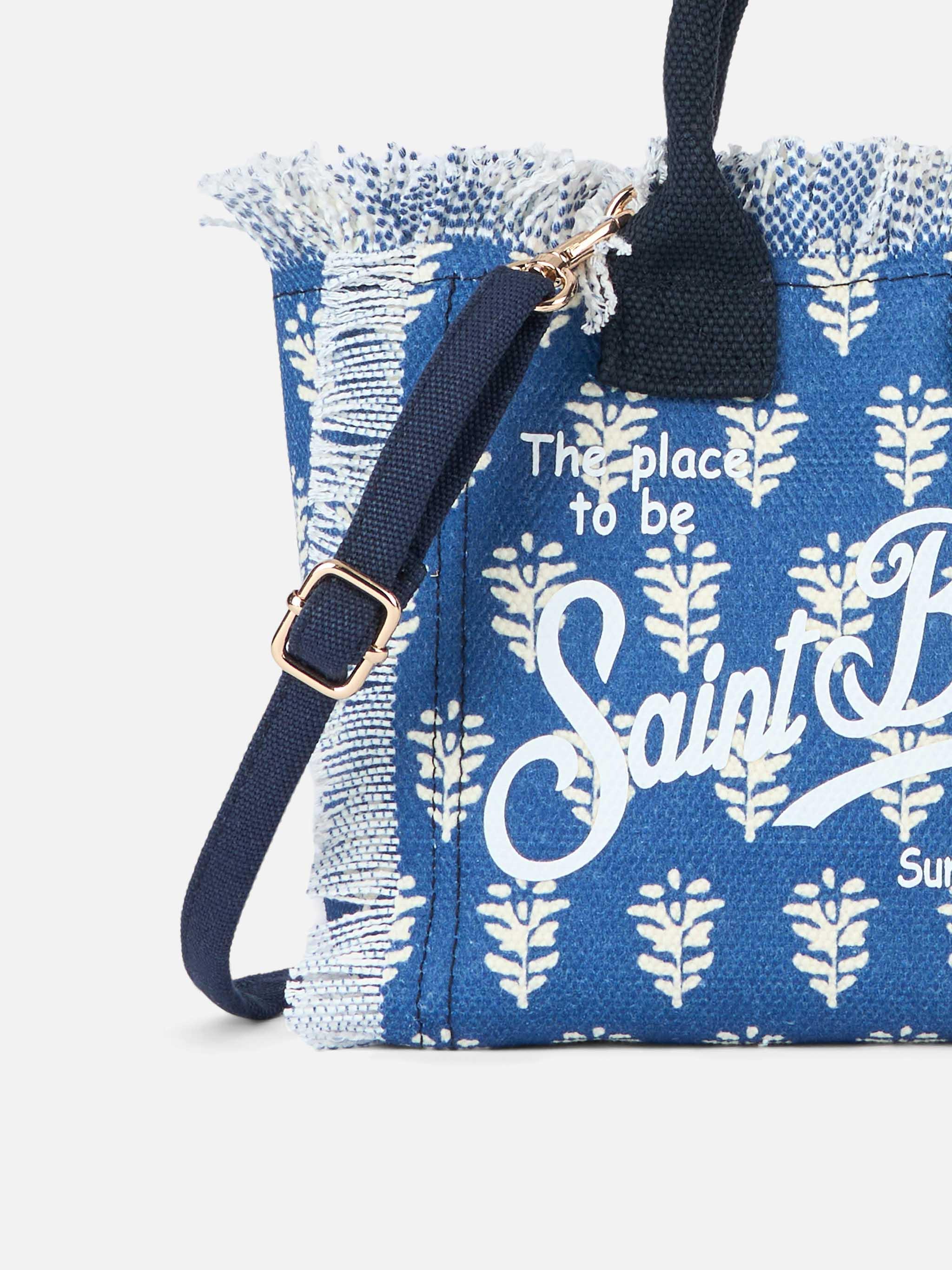 Cotton Canvas Mini Vanity Bag With Indigo Flower Print