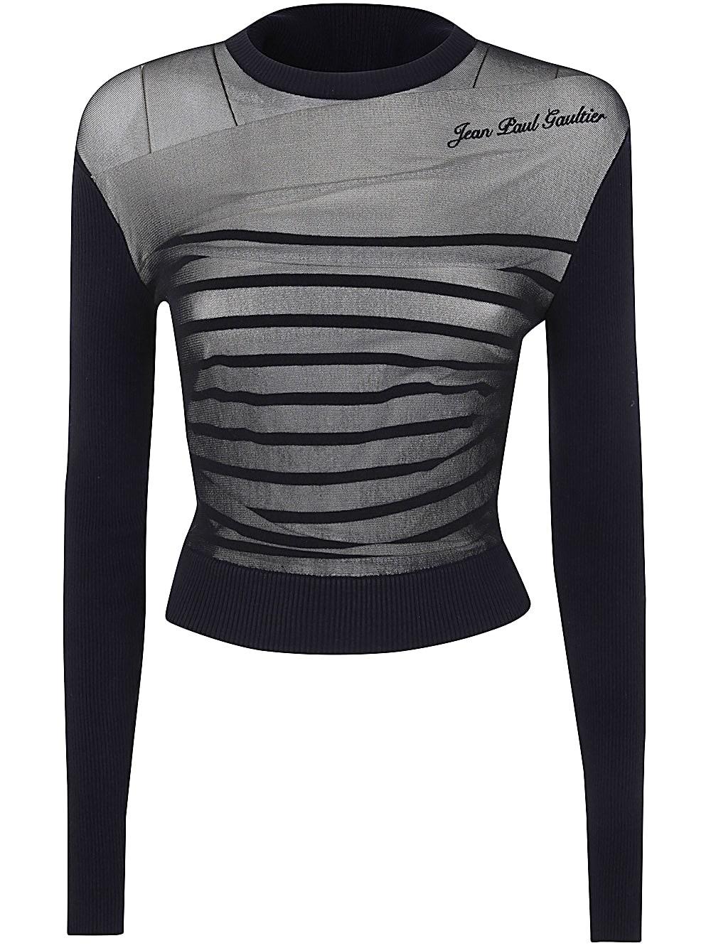 Crewneck Ribbed Mariniere Pullover With Mesh Layer