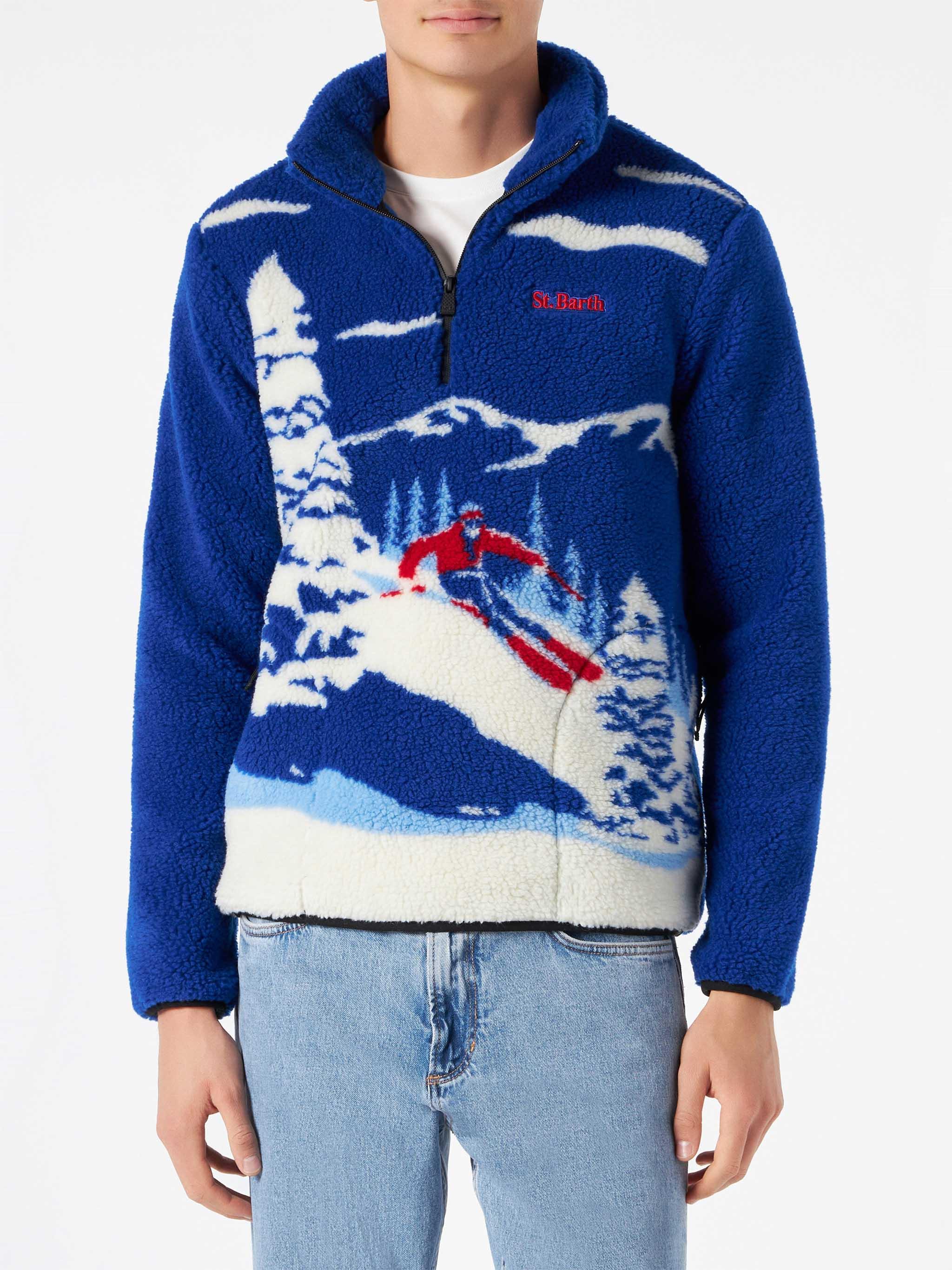 Man Sherpa Fleece Jacket With Mountain Pattern