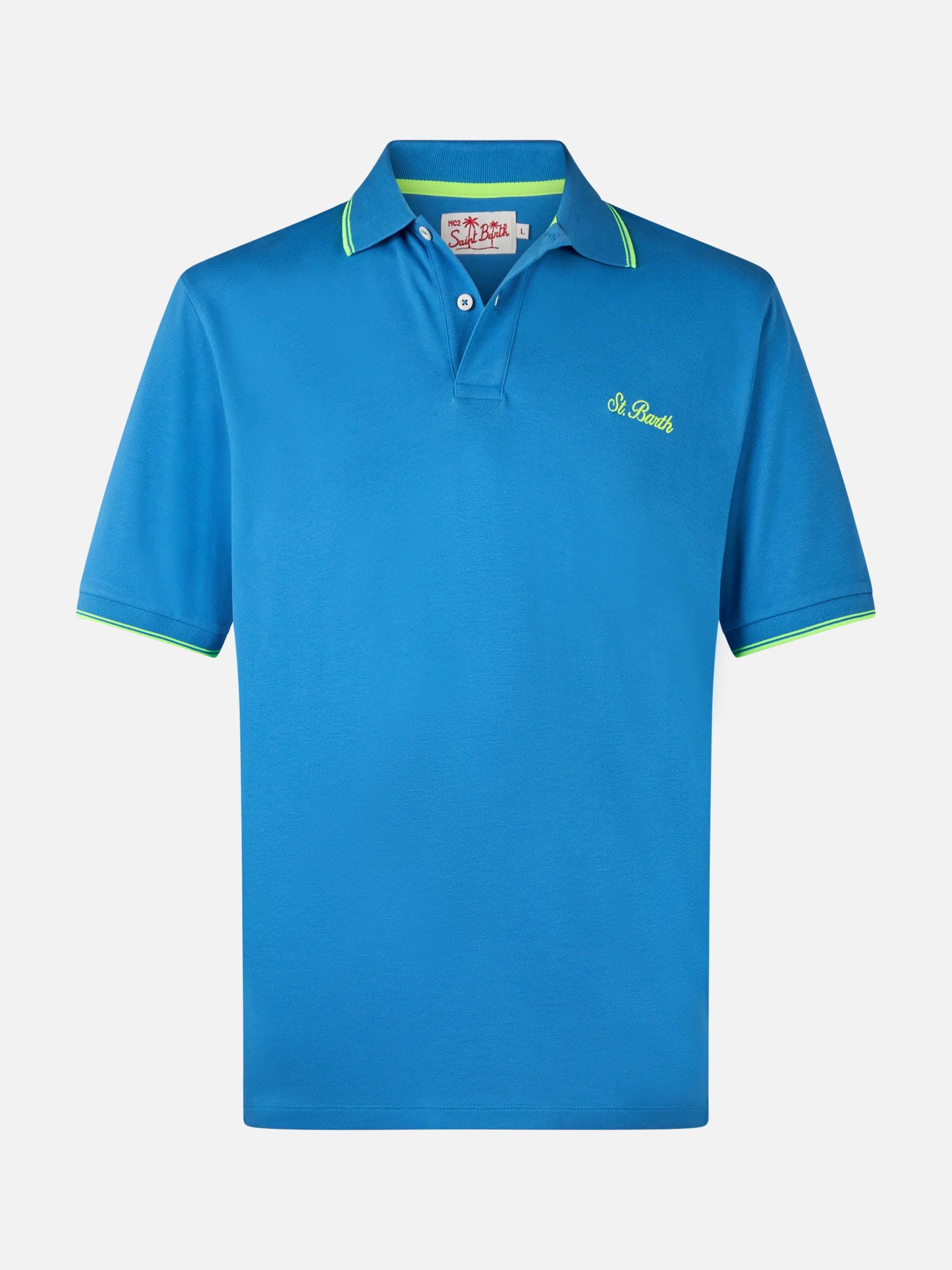 Man Bluette Cotton Piquet Polo Shirt Beverly Hills With Palm Embroidery