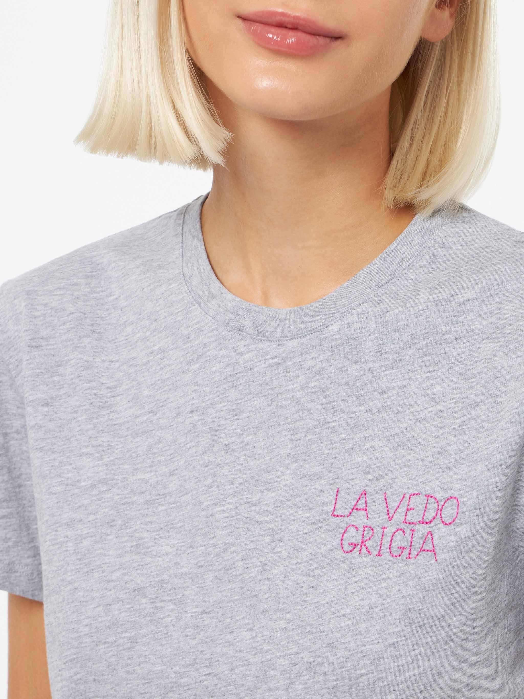 Woman Cotton Jersey Crewneck T-shirt Emilie With La Vedo Grigia Embroidery