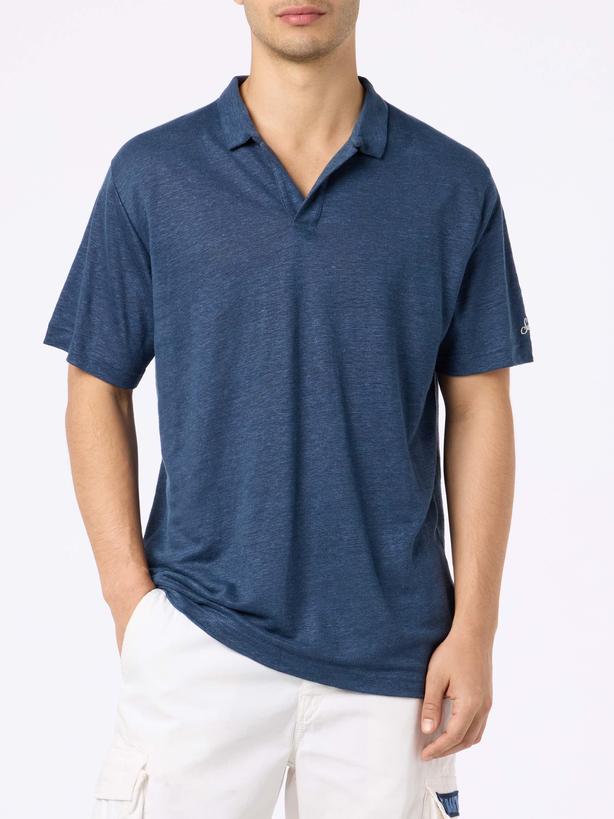 Man Navy Blue Linen Polo Shirt Fraser