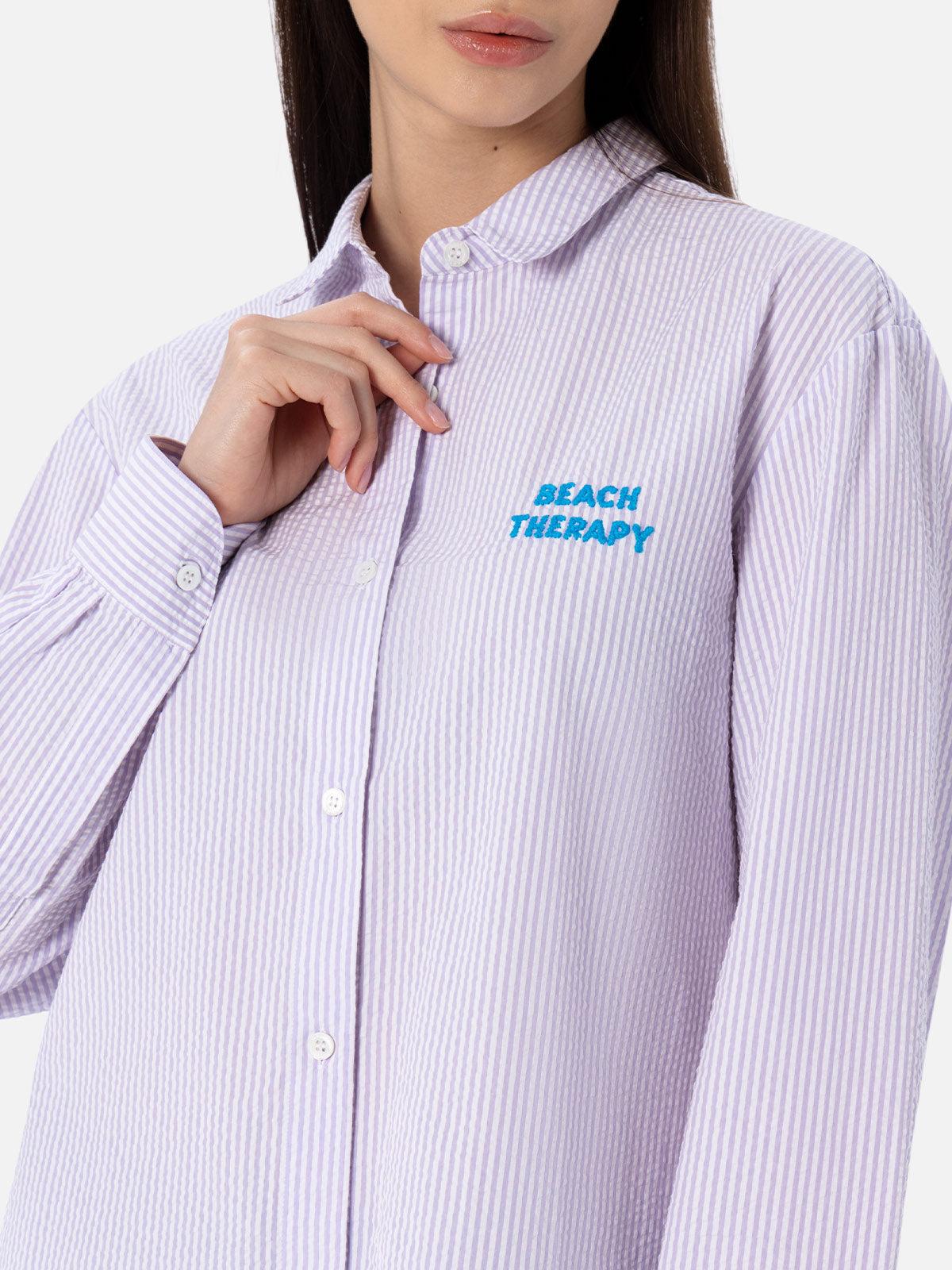 Woman Striped Print Cotton Over Shirt Brigitte With Front And Back Beach Therapy Embroidery