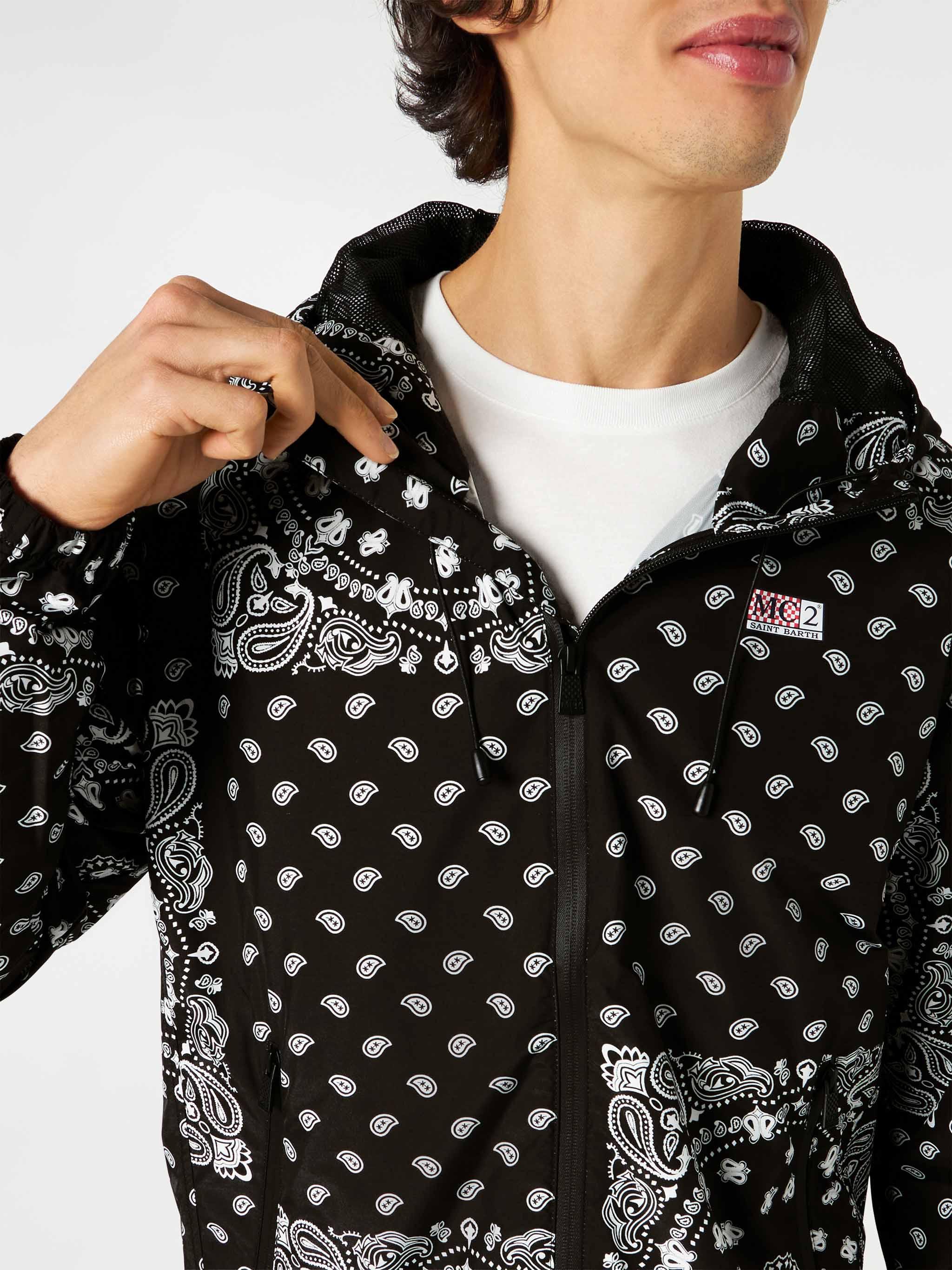 Man Hooded Lightweight Windbreaker With Bandanna Print