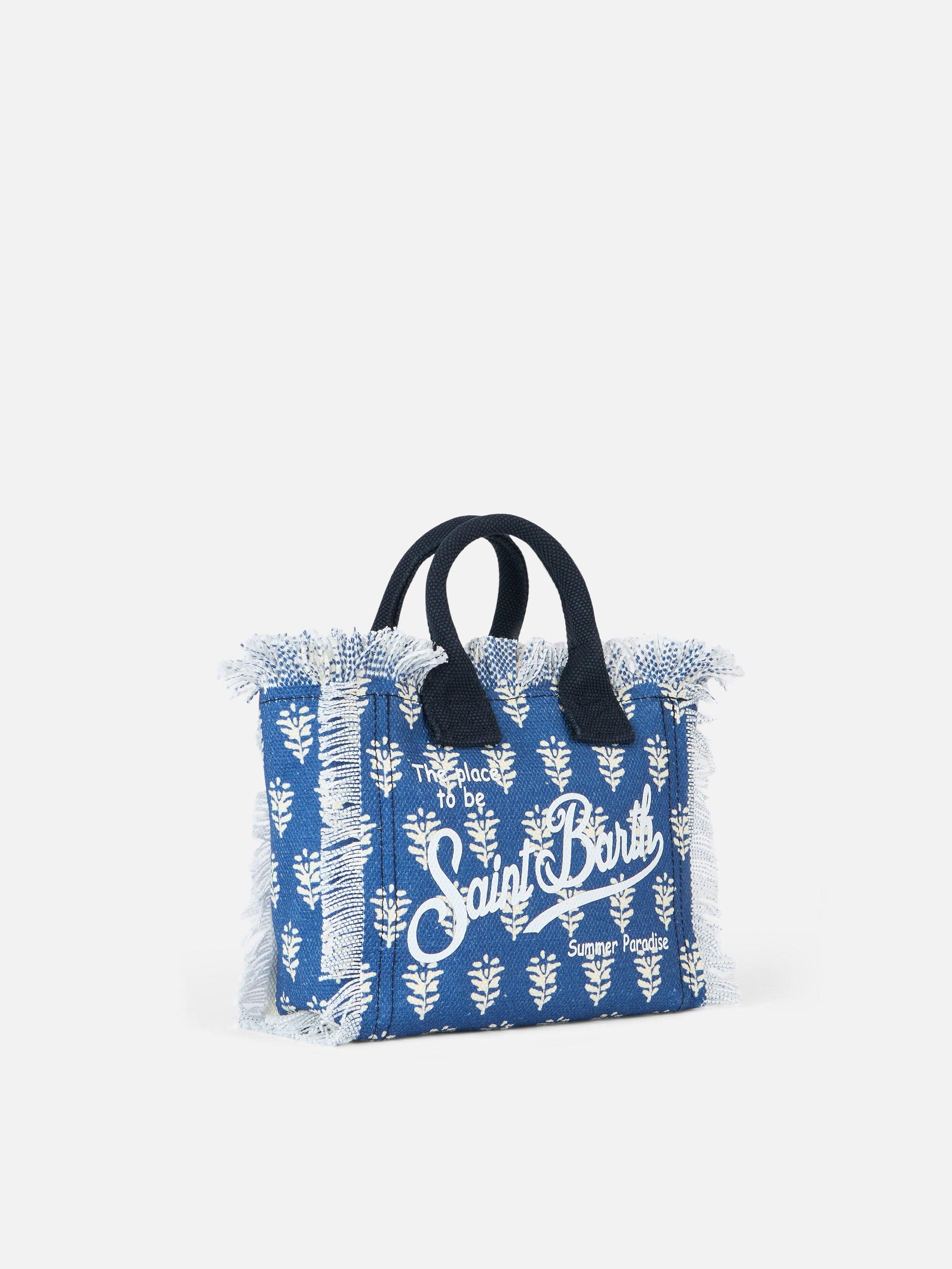 Cotton Canvas Mini Vanity Bag With Indigo Flower Print