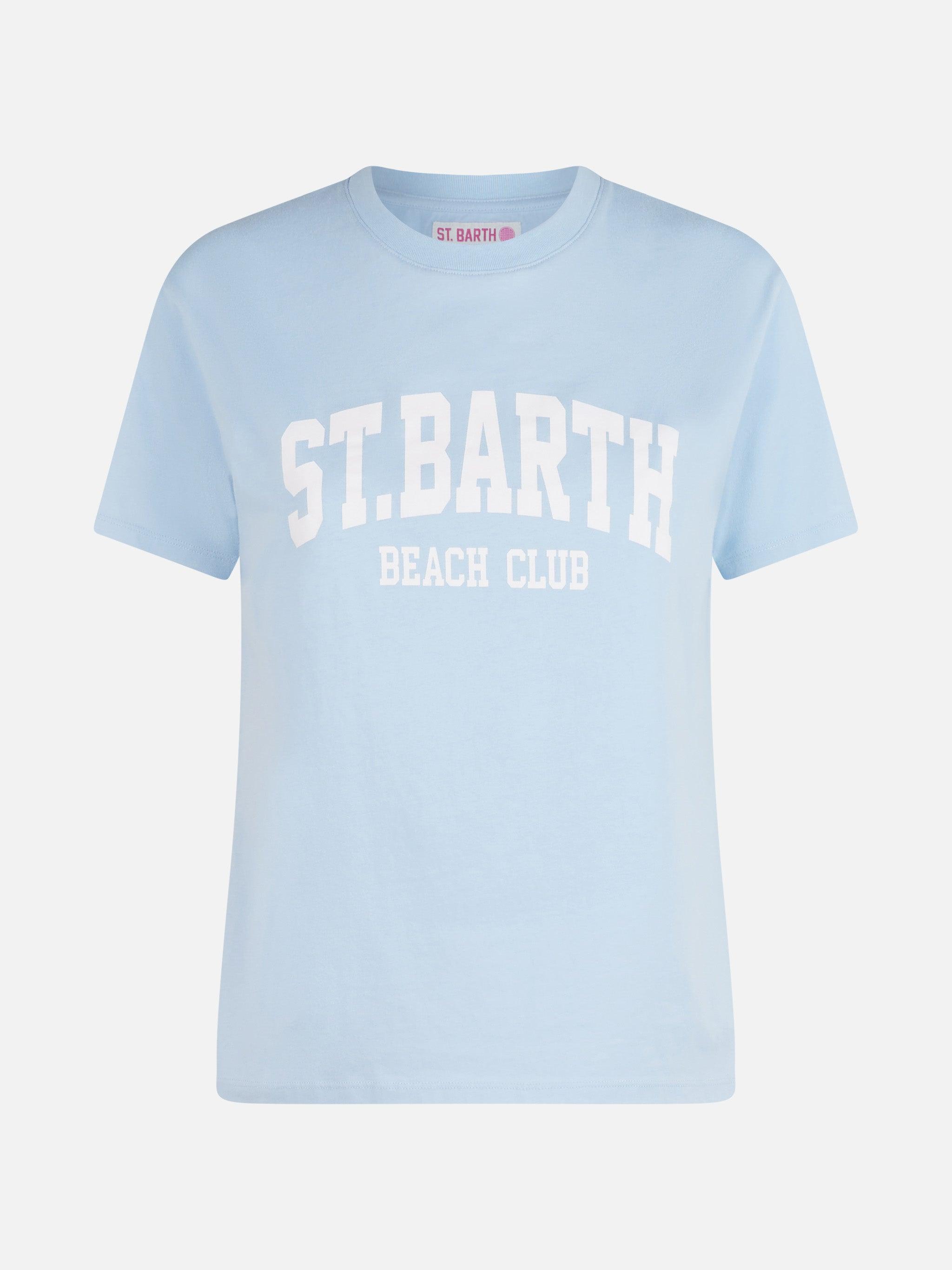 Woman Cotton Jersey Crewneck T-shirt Emilie With St Barth Beach Club Print