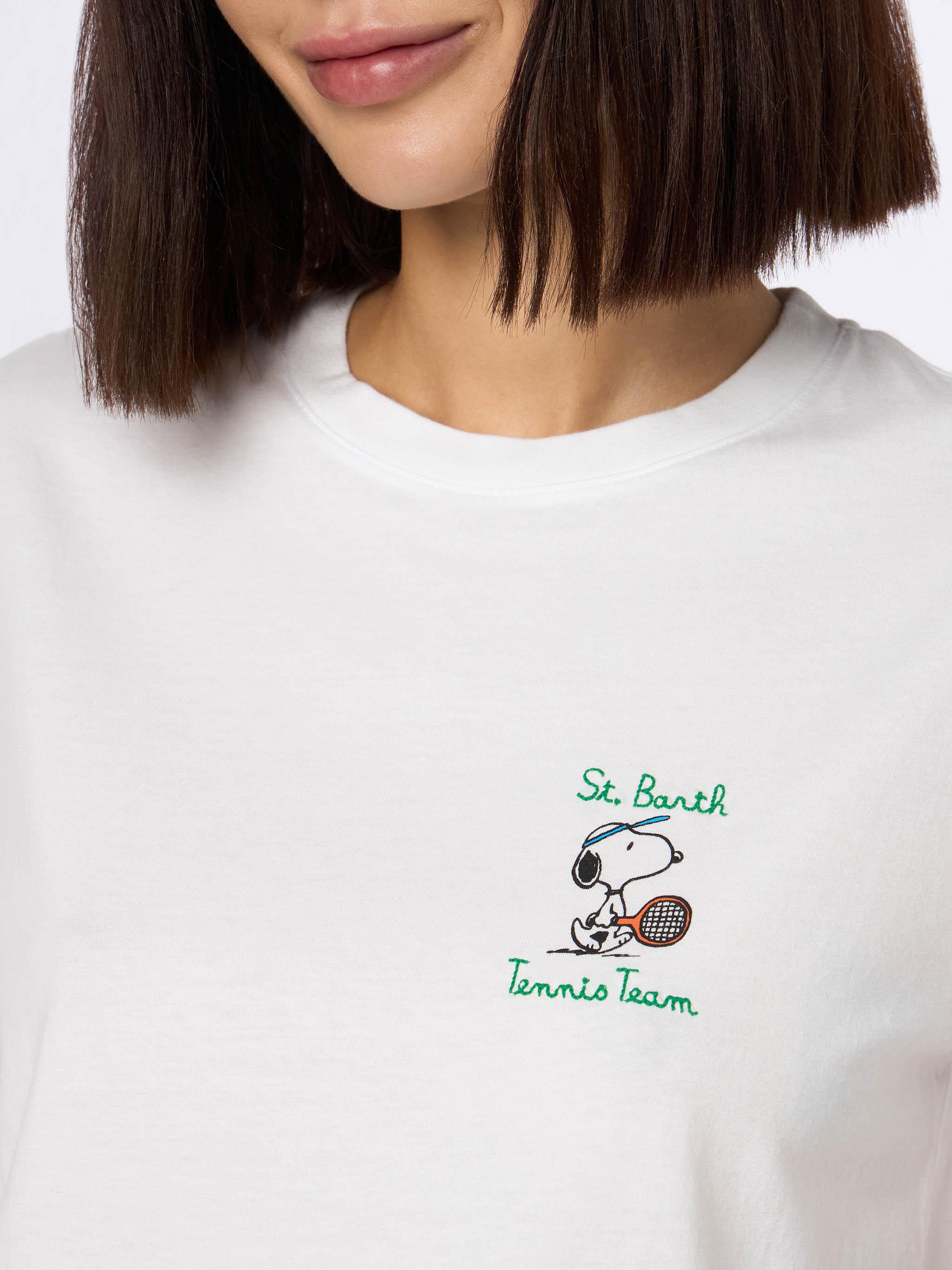 Woman Pink Cotton Jersey Crewneck T-shirt Emilie With Snoopy St. Barth Tennis Team Embroidery | Snoopy Peanuts Special Edition