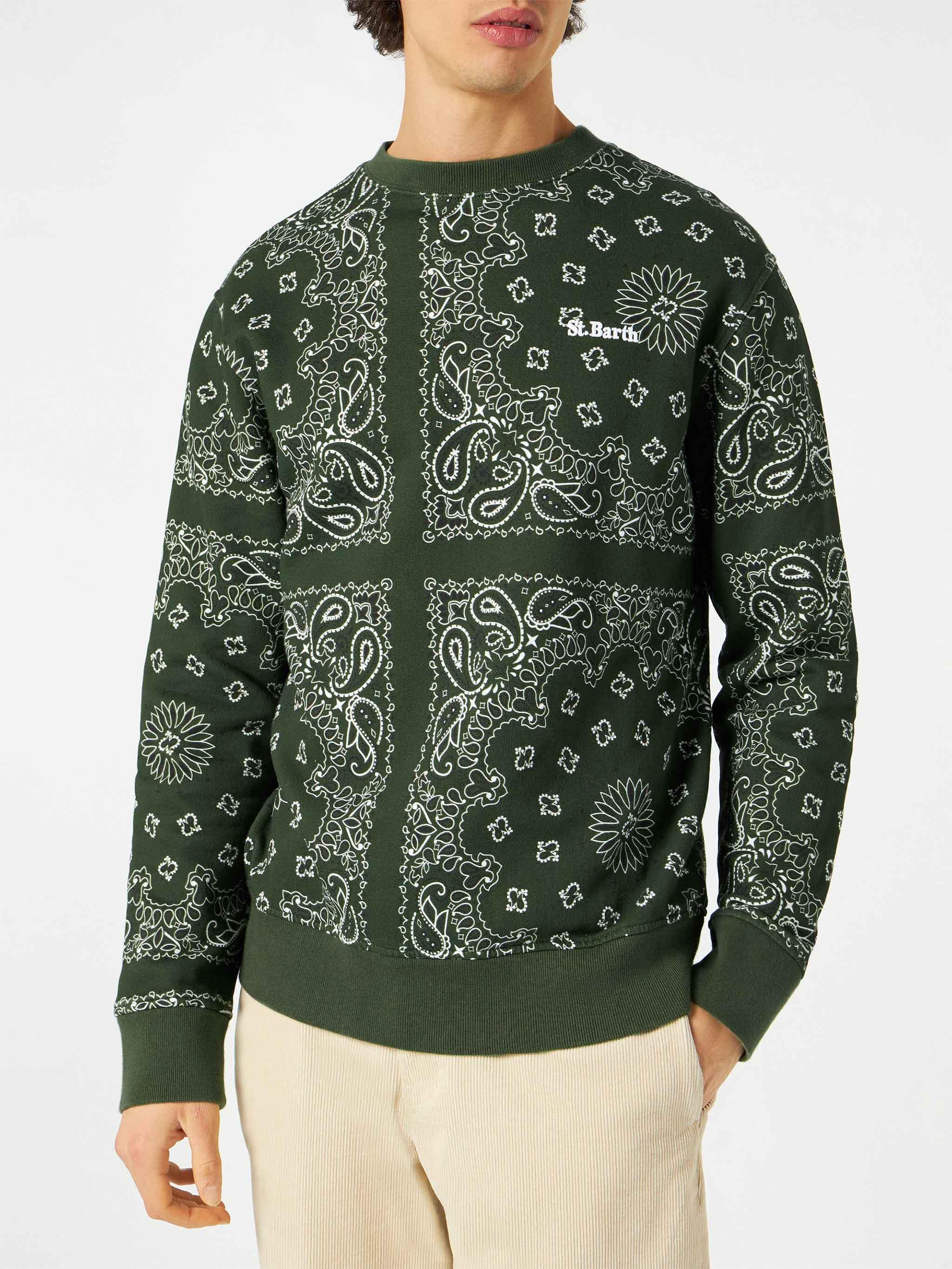 Man Crewneck Sweatshirt With Green Bandanna Print