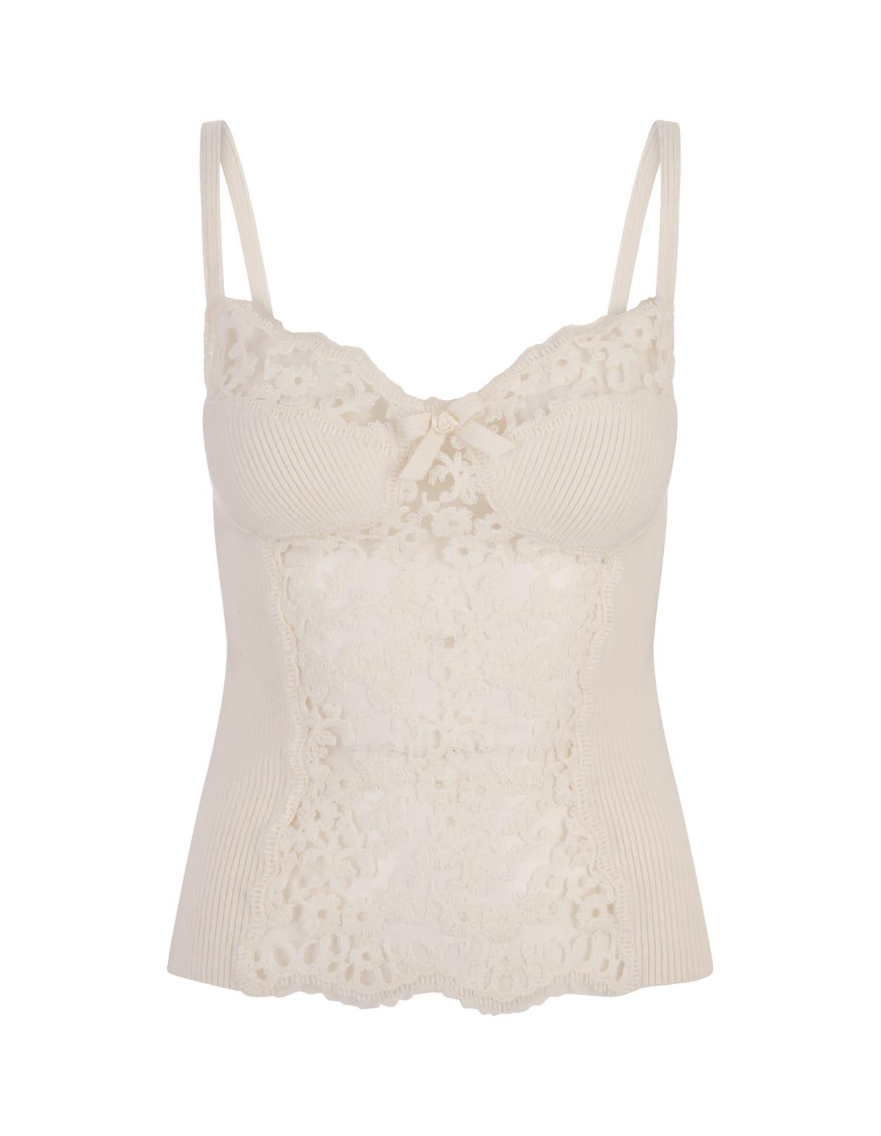 White Ribbed Top With Floral Lace