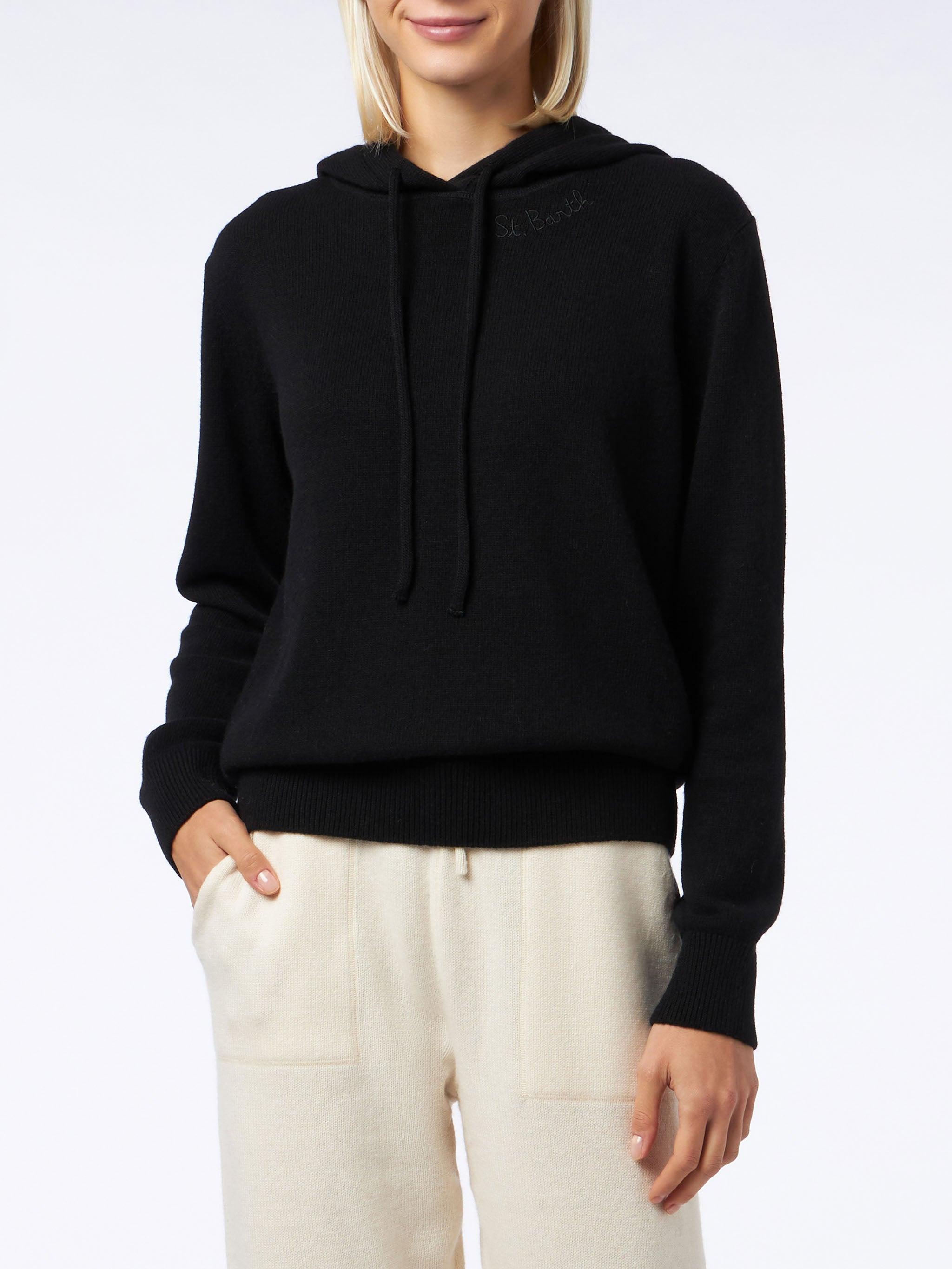 Woman Black Knitted Hoodie With St. Barth Embroidery