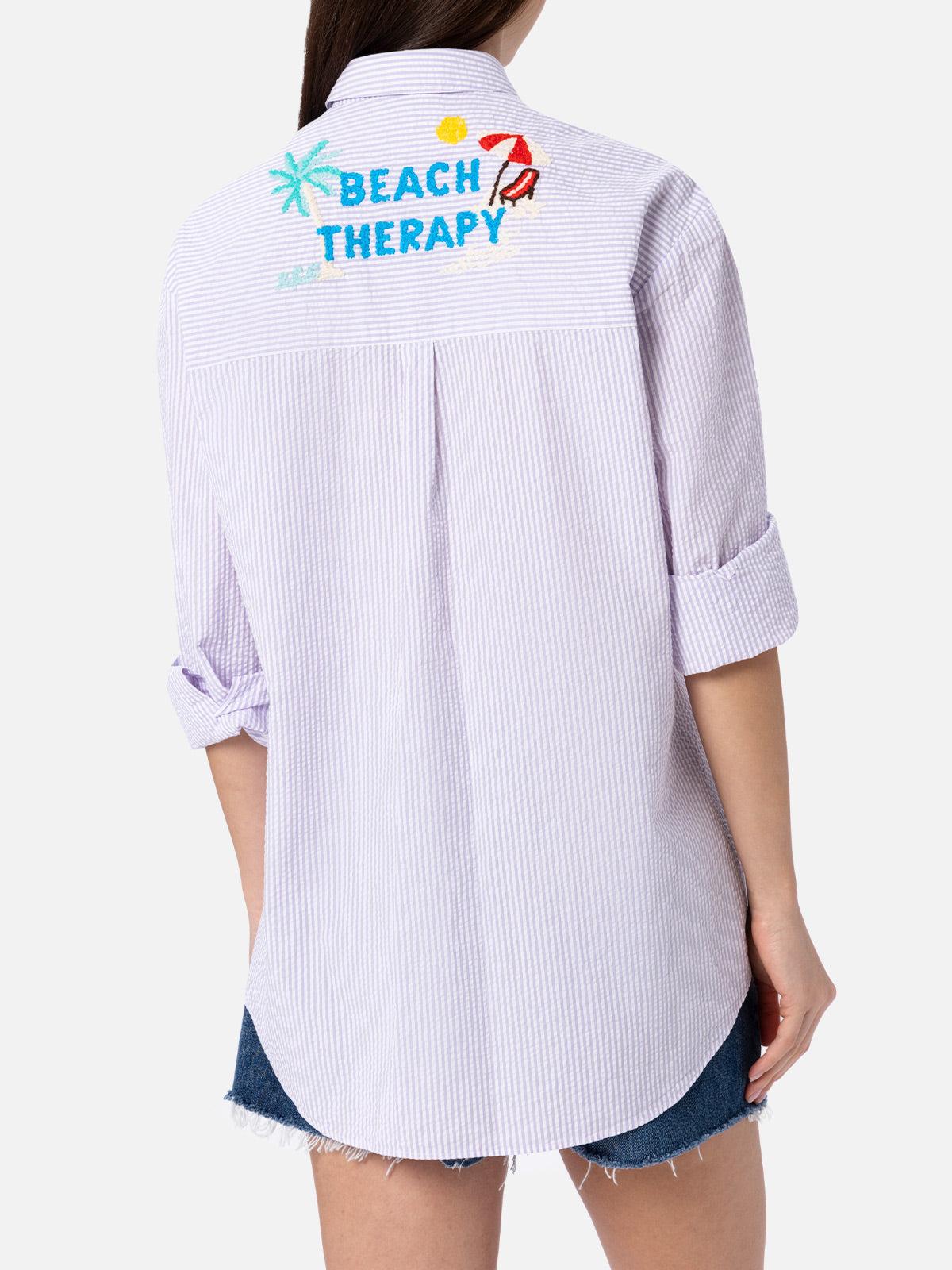 Woman Striped Print Cotton Over Shirt Brigitte With Front And Back Beach Therapy Embroidery