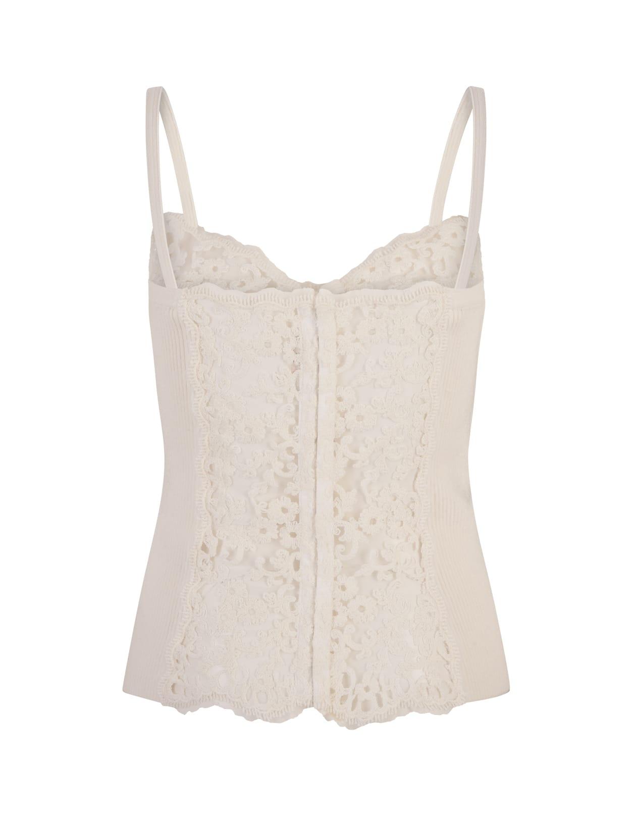 White Ribbed Top With Floral Lace