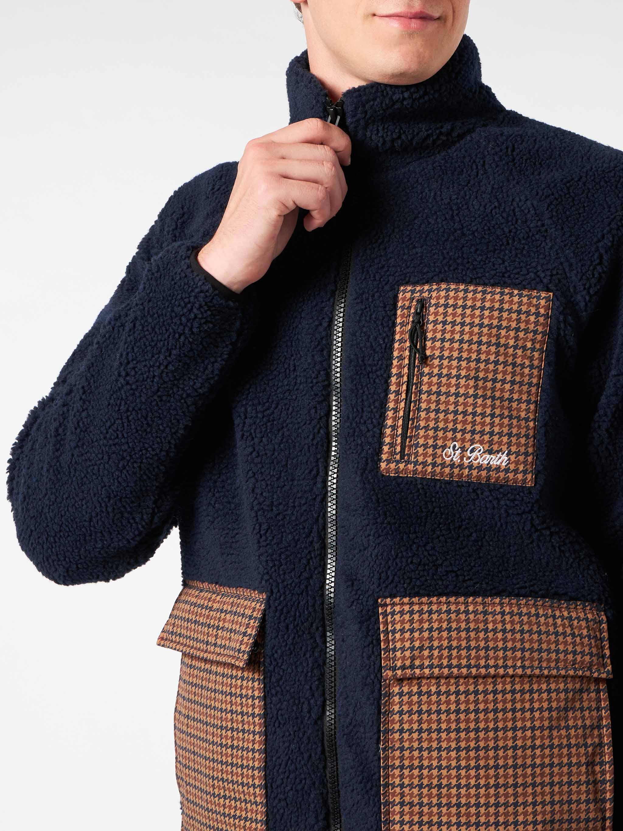 Man Blue Sherpa Jacket With Check Patch Pockets