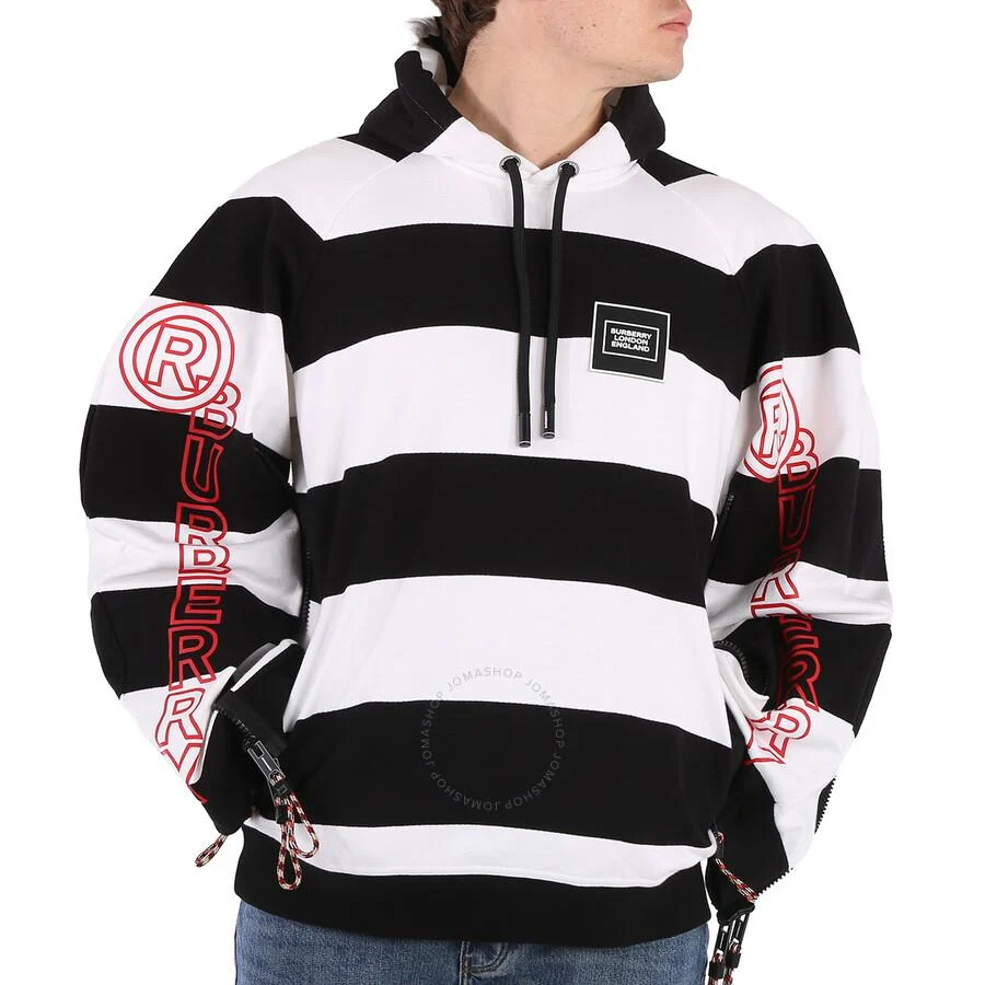 Burberry Men's Black Printed Logo Striped Hoodie