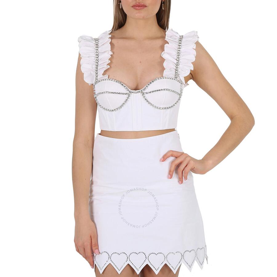 Area Ladies Crystal Embellished Poplin Ruffle Bustier Cropped Top